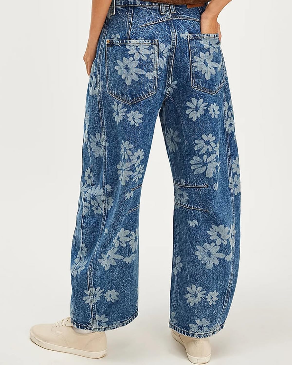 Women Barrel Jeans Casual Wide Leg Baggy Daisy Printed Pants Y2k Boyfriend Mid Rise Denim Ankle Pants - Image 4
