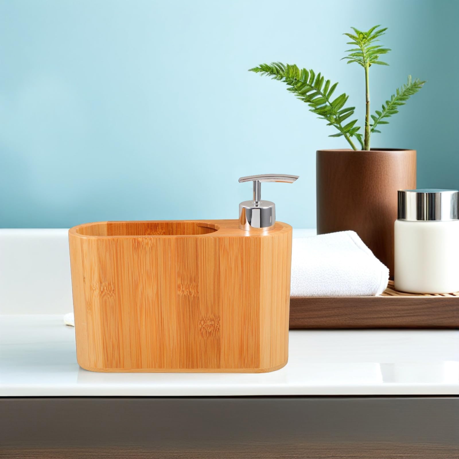 Gadpiparty Dispensador de Jabón Oval de Plástico y Madera Diseño Elegante para Uso en Baño y Hogar, Cómodo Agarre y Pieza Decorativa Portátil