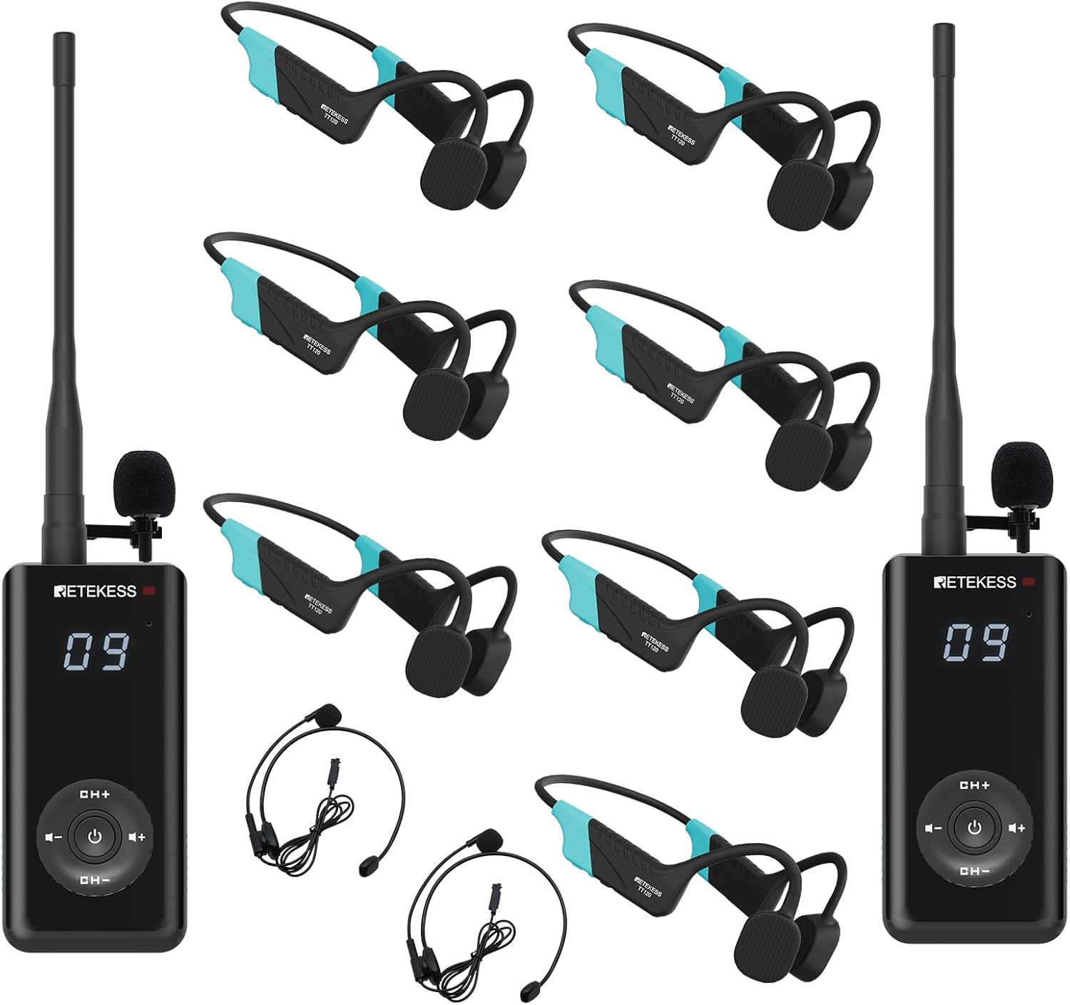 Retekess TT120 Swimming Coach Communicator, IP68 Waterproof Swimming Headphones, Bone Conduction, 120M, Wireless Underwater Communication Unit for Swimming Coaching (2 Transmitters 7 Receivers)