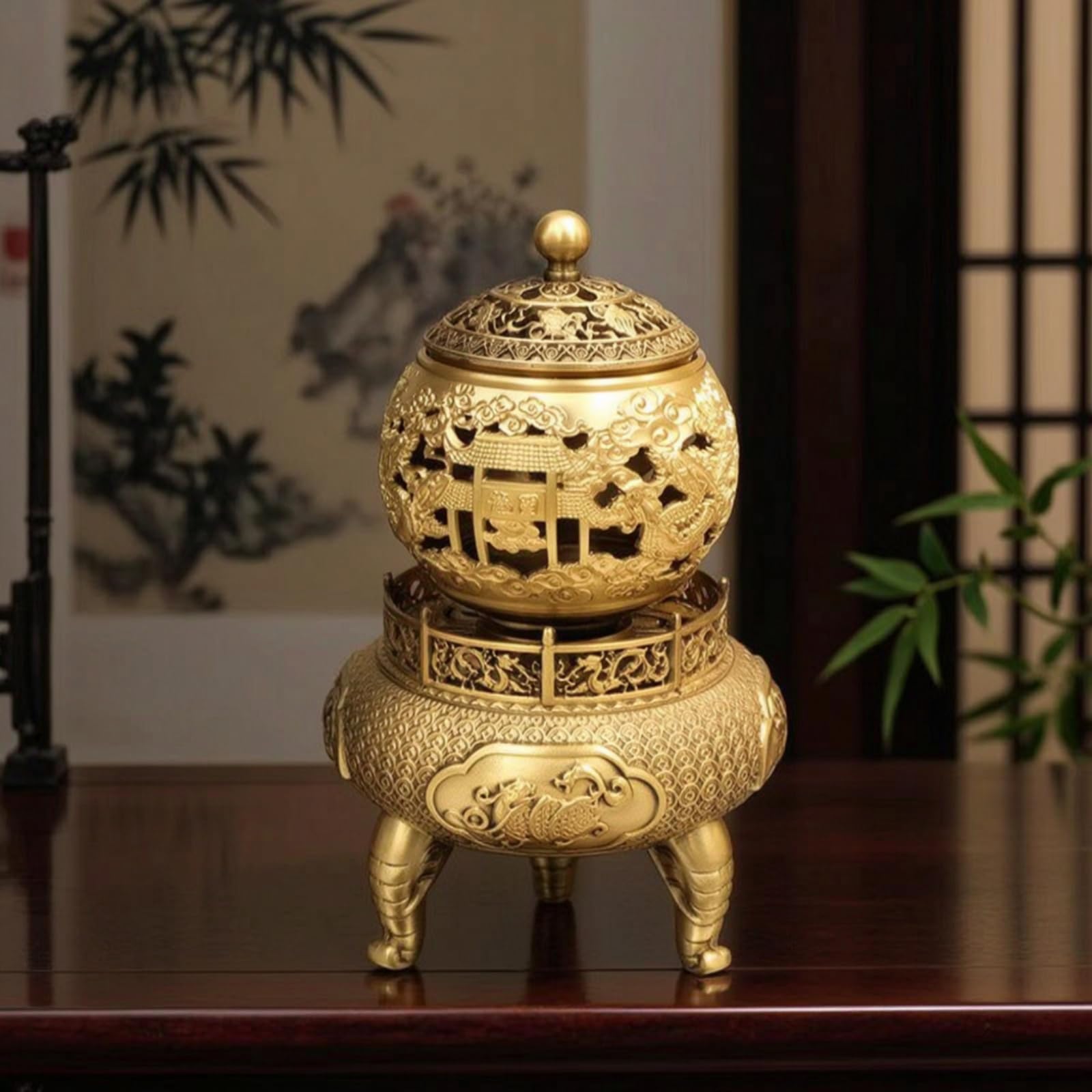 MagiDeal in Ottone tore Censiere Diffusore Compatto da Tavolo con Coperchio Forato Finiture in Rilievo Robuste Adatto a Meditazione Tisane Scrivania Mensole, Ottone