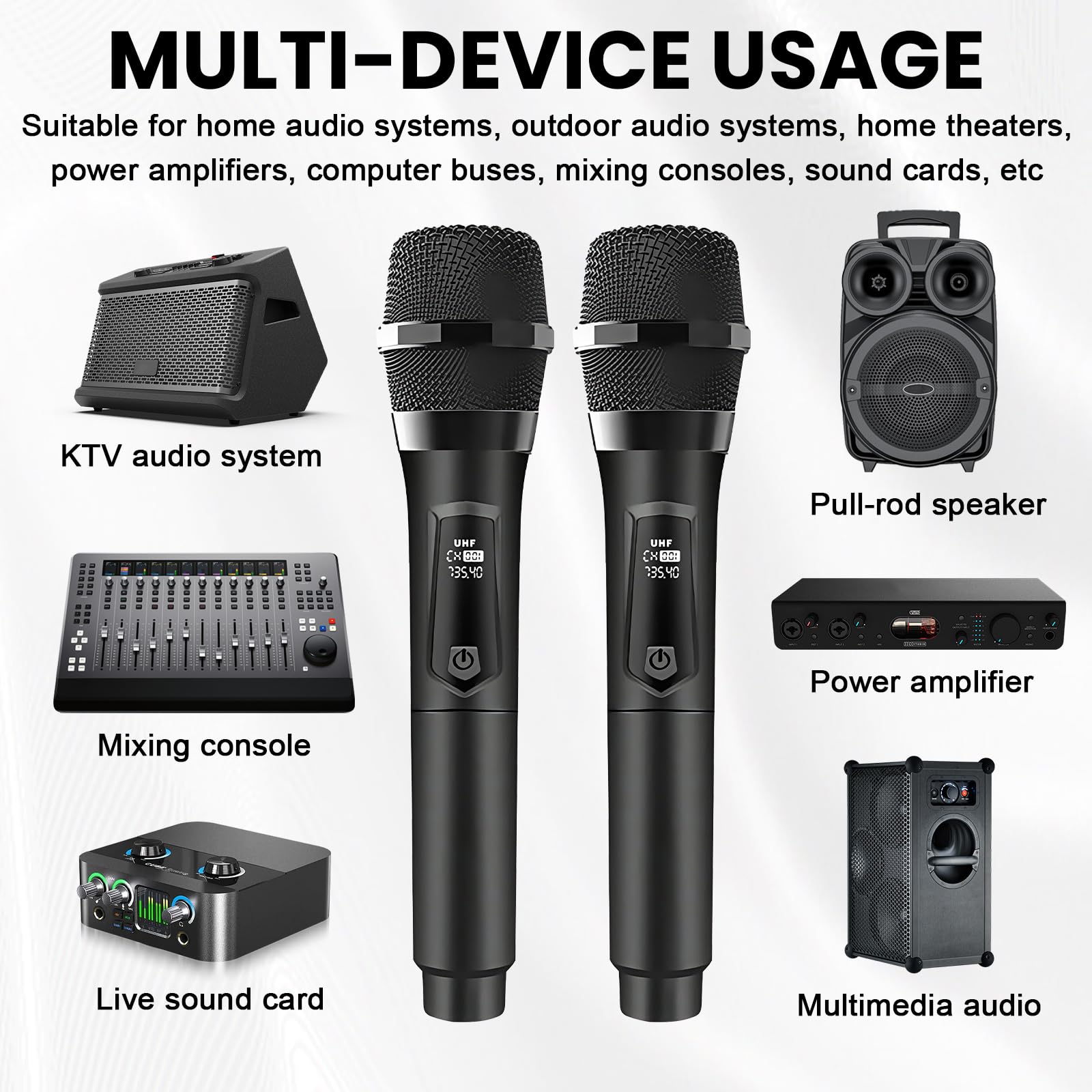2 microfoni senza fili: microfono wireless UHF ricaricabile, 4 ore di autonomia, portata 60 piedi, doppio microfono dinamico senza fili per karaoke, matrimonio, DJ, festa