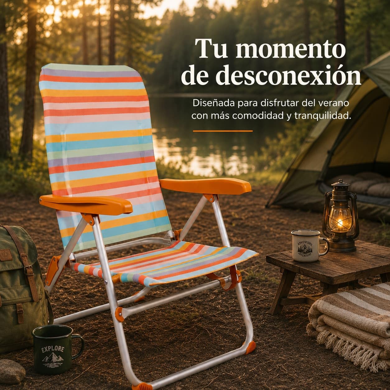 Silla de Camping Respaldo Alto - Plegable y Reclinable - para Playa, Terraza, Piscina, Jardín - 37cm Altura Asiento - Ocre a Rayas - con Asas de Fácil Transporte y Reposabrazos - Textileno y Aluminio
