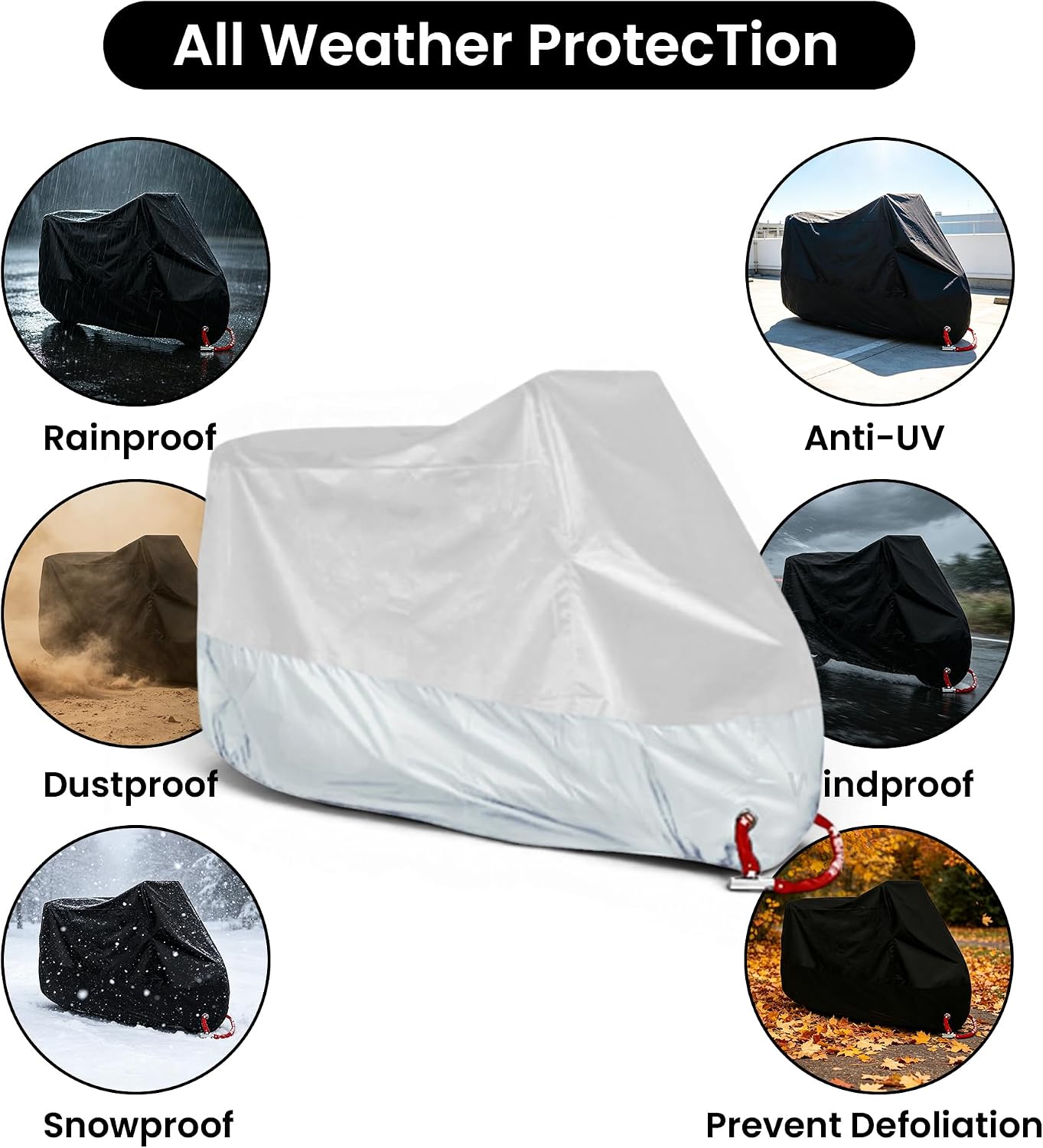 ONE.K.S Motorcycle Cover Waterproof Universal Vehicle Covers with Lock-Holes & Storage Bag All Season Dustproof Sun Rain Protection Outdoor Indoor Scooter Motorbike Cover 4XL (Silver)