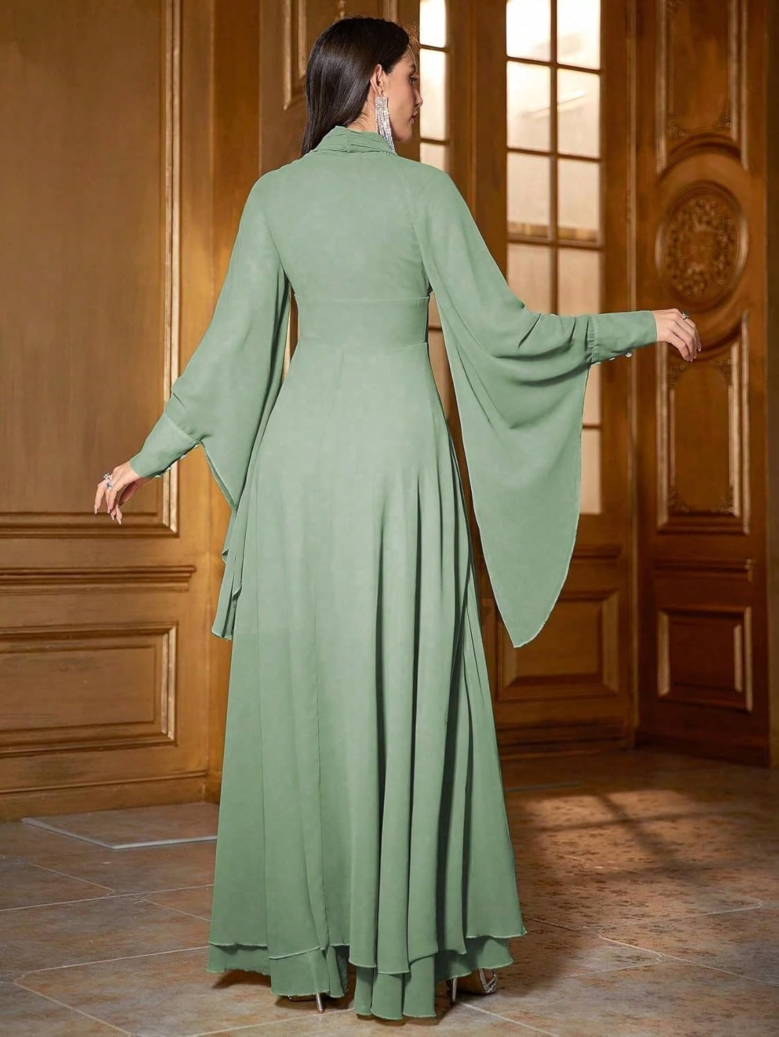 TOLEEN Casual Dresses for Women Long Sleeve Flowy Swing Chiffon Maxi Dresses Green - Image 2