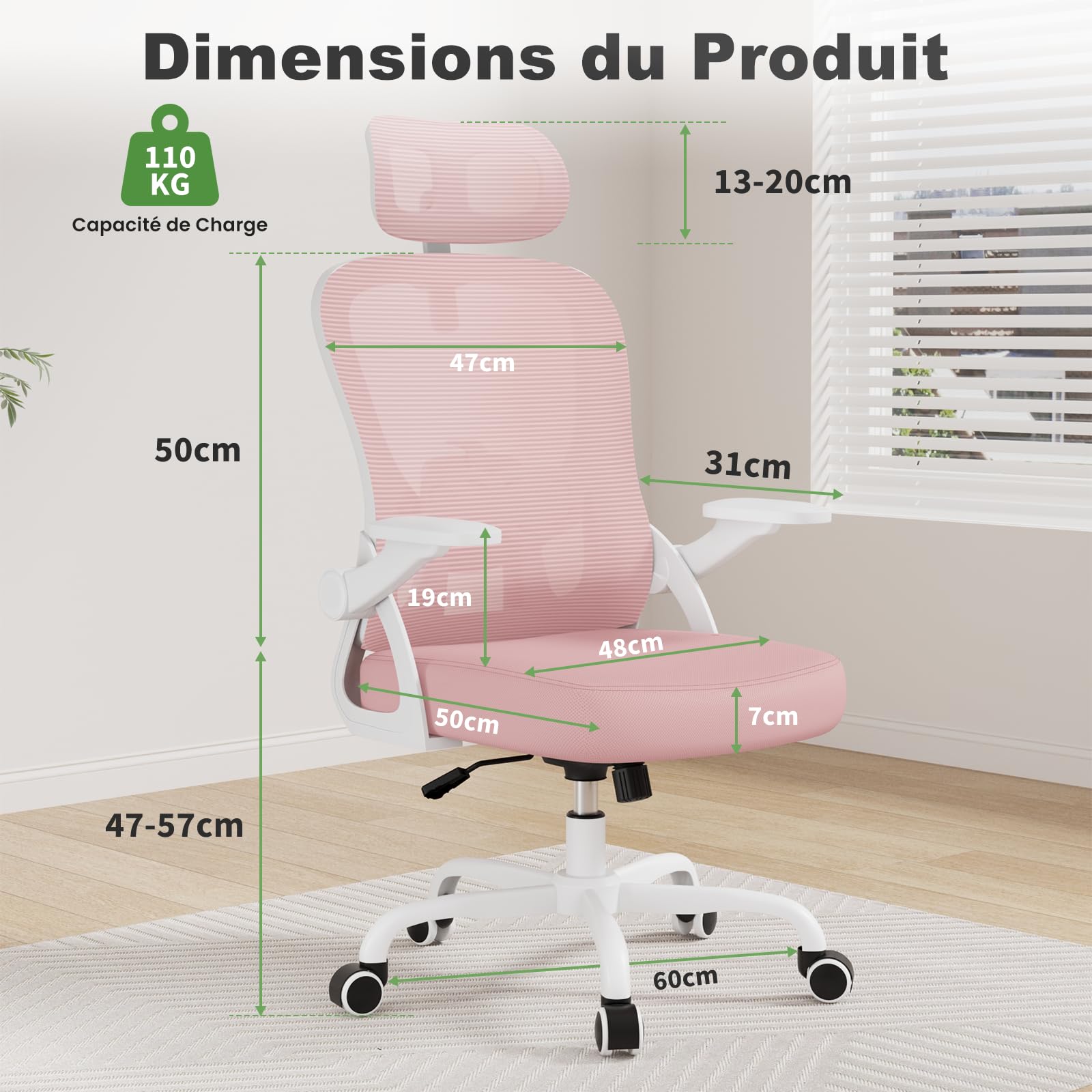 rattantree Chaise de Bureau,Fauteuil Bureau Soutien Lombaire Réglables,Rose