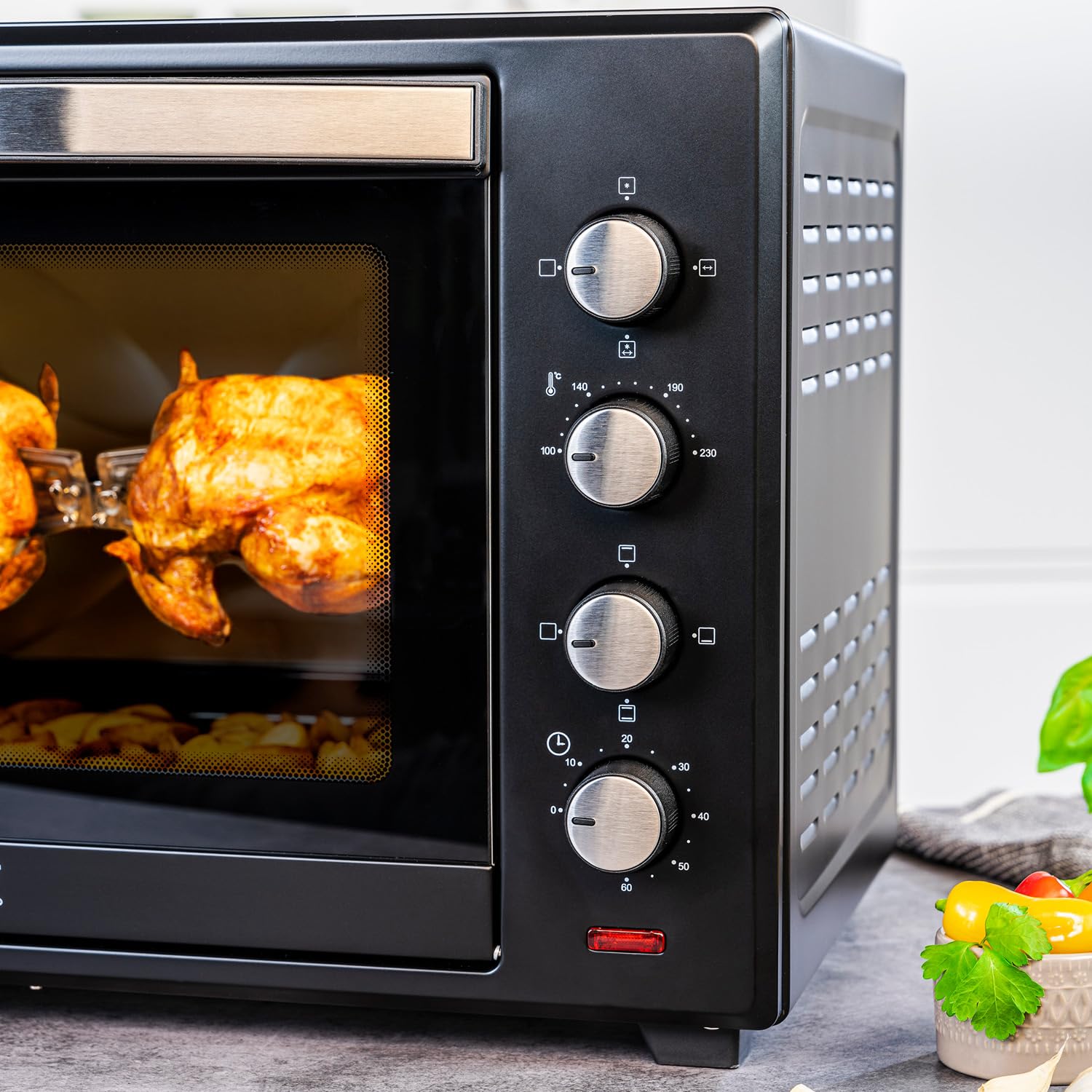 TZS First Austria Mini piekarnik 60 l, 2000 W, mini piekarnik do pizzy, regulacja temperatury do 230°C i 6 trybów, przestronny mini piekarnik z timerem 60 min, 4 wysokościami, blachą, rusztem do