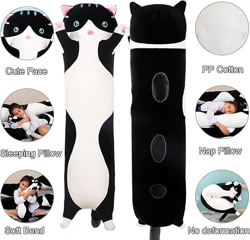 Miniatura 6 de Almohada gigante de gato de peluche con dibujos animados de gatito, almohada para dormir, suave y larga, almohada para el cuerpo de gatito, muñeca y
