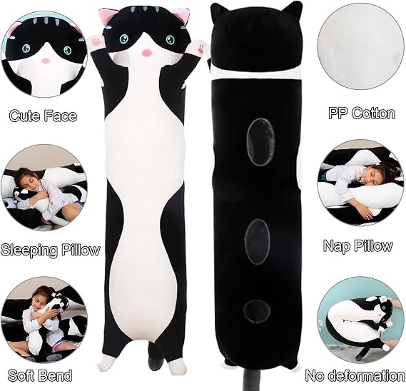 Giant Cat Pillow Plush Cartoon Kitty Sleeping Hugging Pillow, Cuddly Soft Long Kitten Body Pillow Doll Cat Cushion Toy for Kids Girlfriend (Black, 70cm/ 27.55inch)
