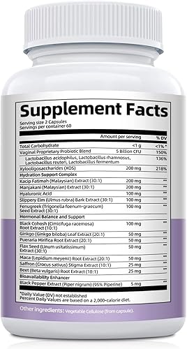 Miniatura 8 de Probióticos vaginales para mujeres, cápsulas de humedad vaginal, cápsulas a base de plantas con olmo resbaladizo, fenogreco y fatiga kacip, apoyan