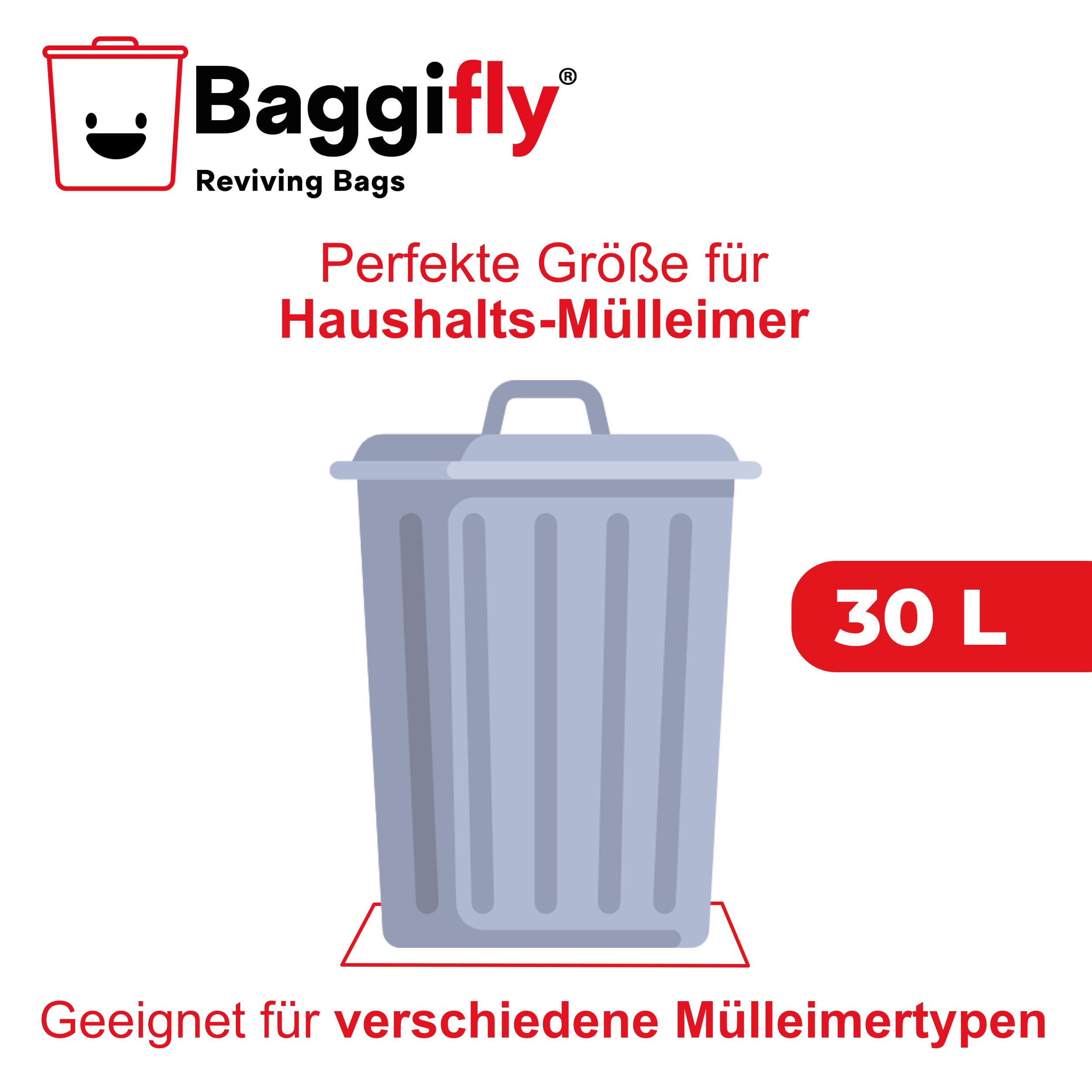 Baggifly, Müllbeutel 30L, 300 Stück, Extra Reißfest, 100% Recycelt, Mit Tragegriffen, Umweltfreundlich, Perfekt für den Haushalt, 10 Rollen à 30 Beutel, In Europa hergestellt