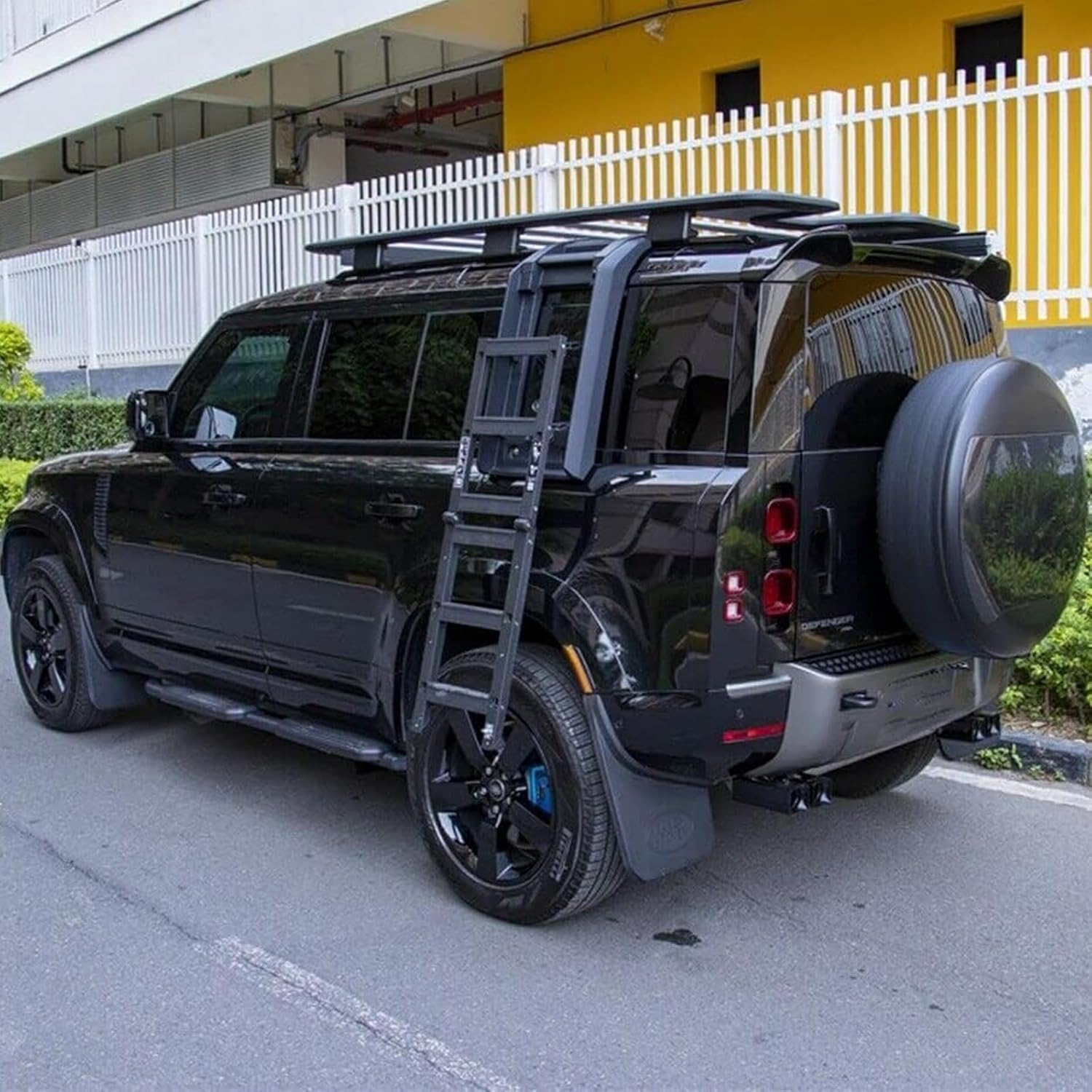 Foldable Liftable Ladder Protective Frame Fit for LR Defender 90/110/130 2020-2025 Luggage Ladder Rack Side Access Ladder Roof Rack Side Window（Black） (Matte Black)