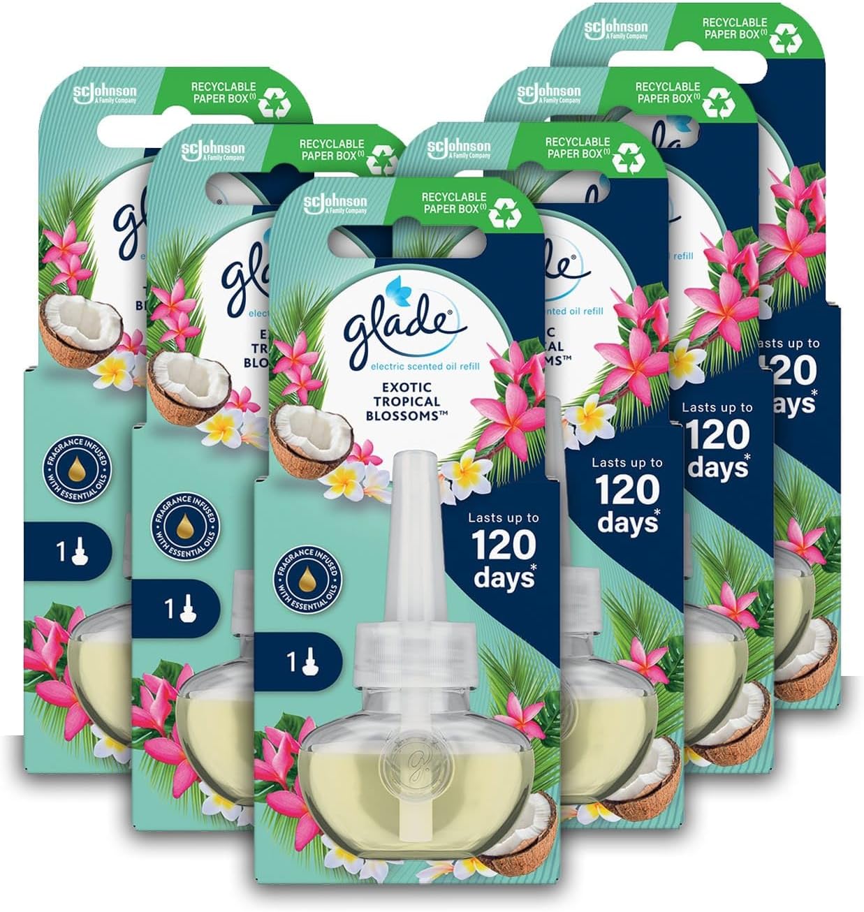 Plug in Air Freshener Refill, Electric Scented Oil Room Air Freshener, Tropical Blossoms, Pack of 6 (6 x 20ml)