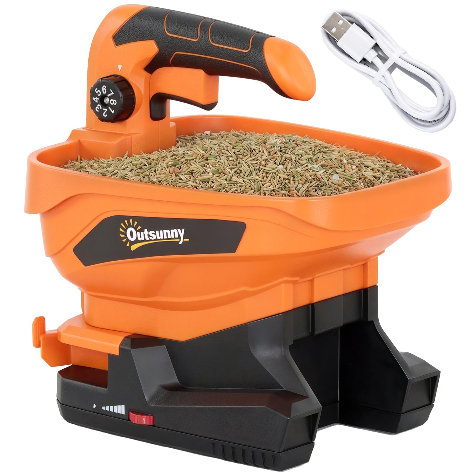 Outsunny Esparcidor Portátil 3,3 L, 8 Niveles de Flujo, Ancho de Proyección Regulable 3 Niveles, Puerto USB, Esparcidor de Semillas para Césped, Sal, Gravilla hasta 800 m², Naranja