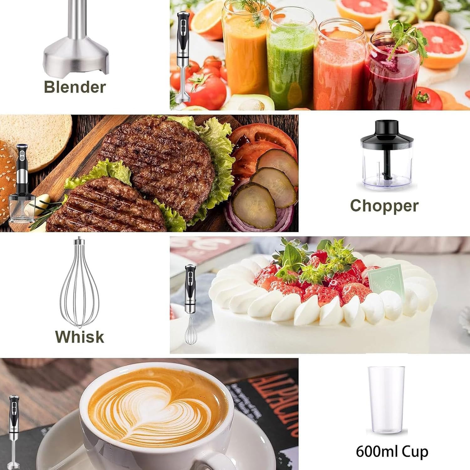 Frullatore a immersione elettrico 5 in 1 con tritatutto, frusta, misurino da 600 ml e montalatte per zuppe, alimenti per bambini, frullati