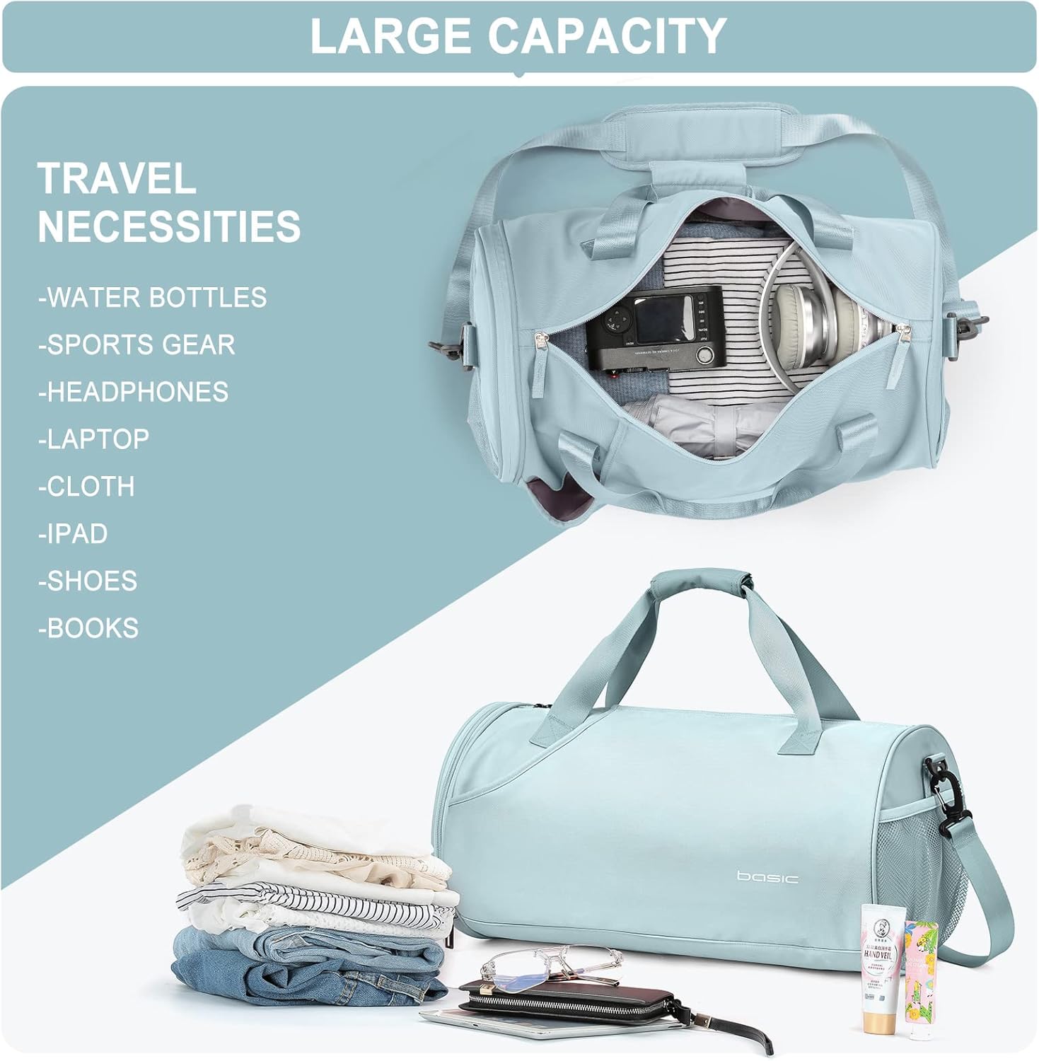 Gym Bag for Women & Men with Wet & Shoe Compartment, Small Duffle Bag for Travel, Sport, Gym, Workout, Overnight, Weekender, Carry-on - Light Blue