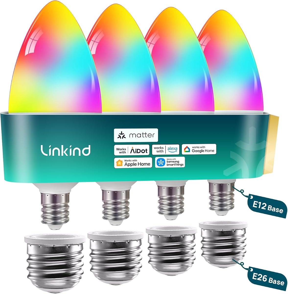Matter Bombilla LED E12/E26, bombillas inteligentes que cambian de color, paquete de 4 | Funciona con Alexa/Apple Home/Google Home, bombillas de candelabro de 500 lúmenes para lámpara de araña, WiFi 2,4G, con adaptadores E26 a E12