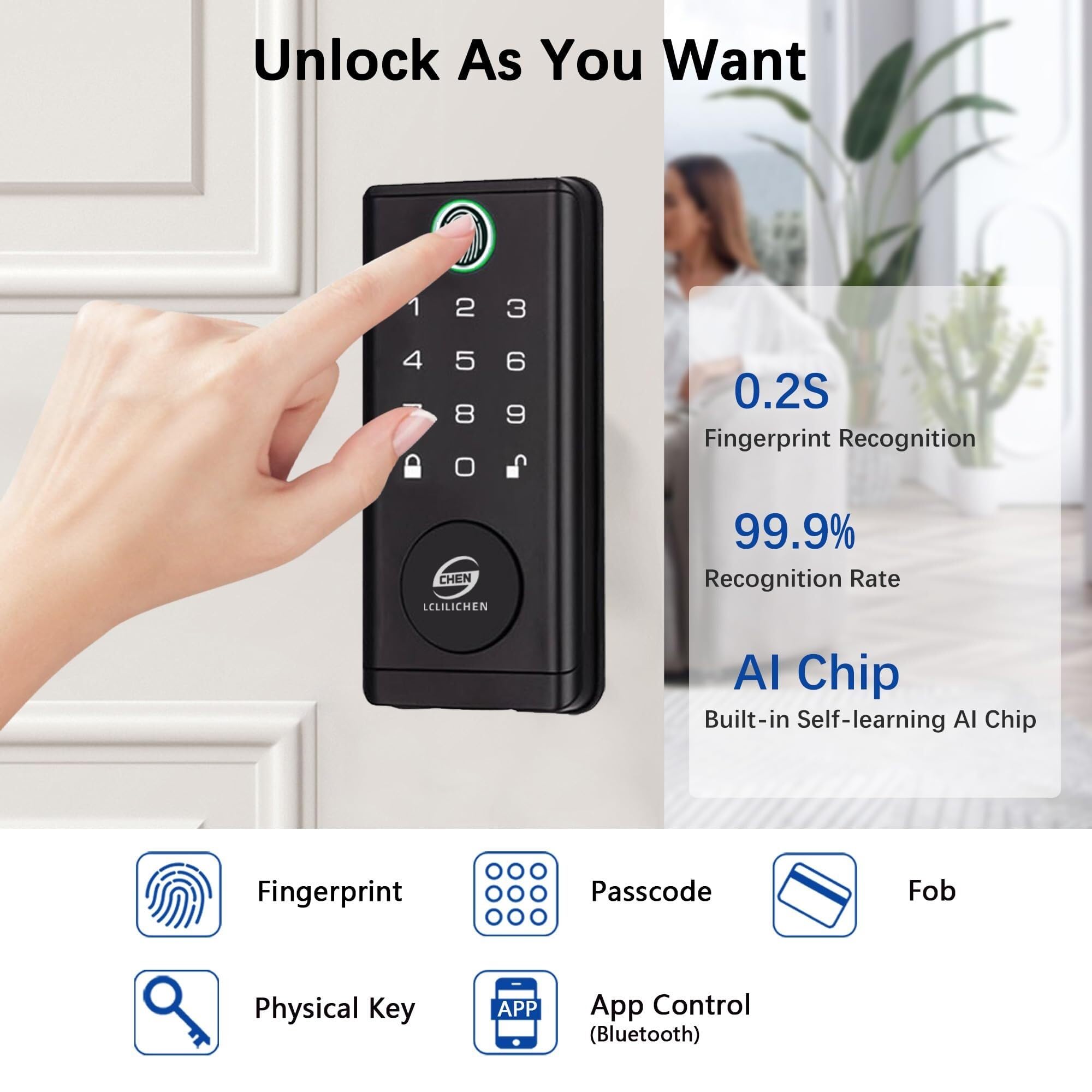 Serrure de porte intelligente, pêne dormant sans clé avec empreintes digitales, serrure de porte électronique biométrique avec clavier et contrôle par application