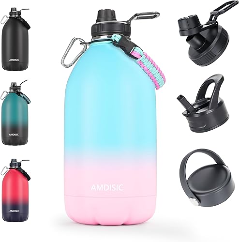 AMDISIC Botella de agua aislada al vacío de un galón con popote y 3 tapas jarra de agua grande de acero inoxidable de 128 onzas para senderismo