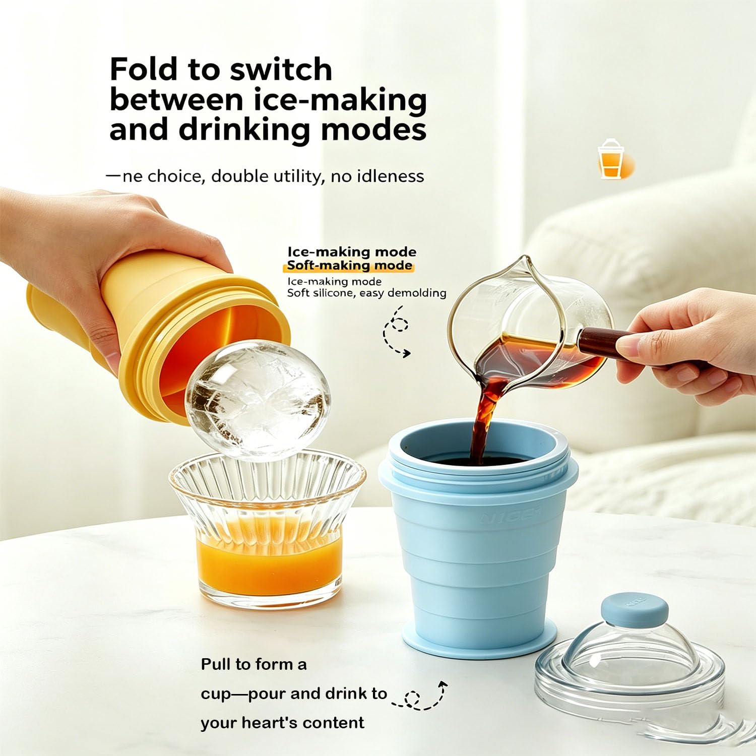 2-in-1 faltbarer Silikon-Eiskugel-Becher, wiederverwendbar, tragbar, Eiskugelform mit Strohhalm und auslaufsicherem Deckel, berührungsfreie Eiswürfelform für Whiskey, Saft und Sommergetränke (2 Stück