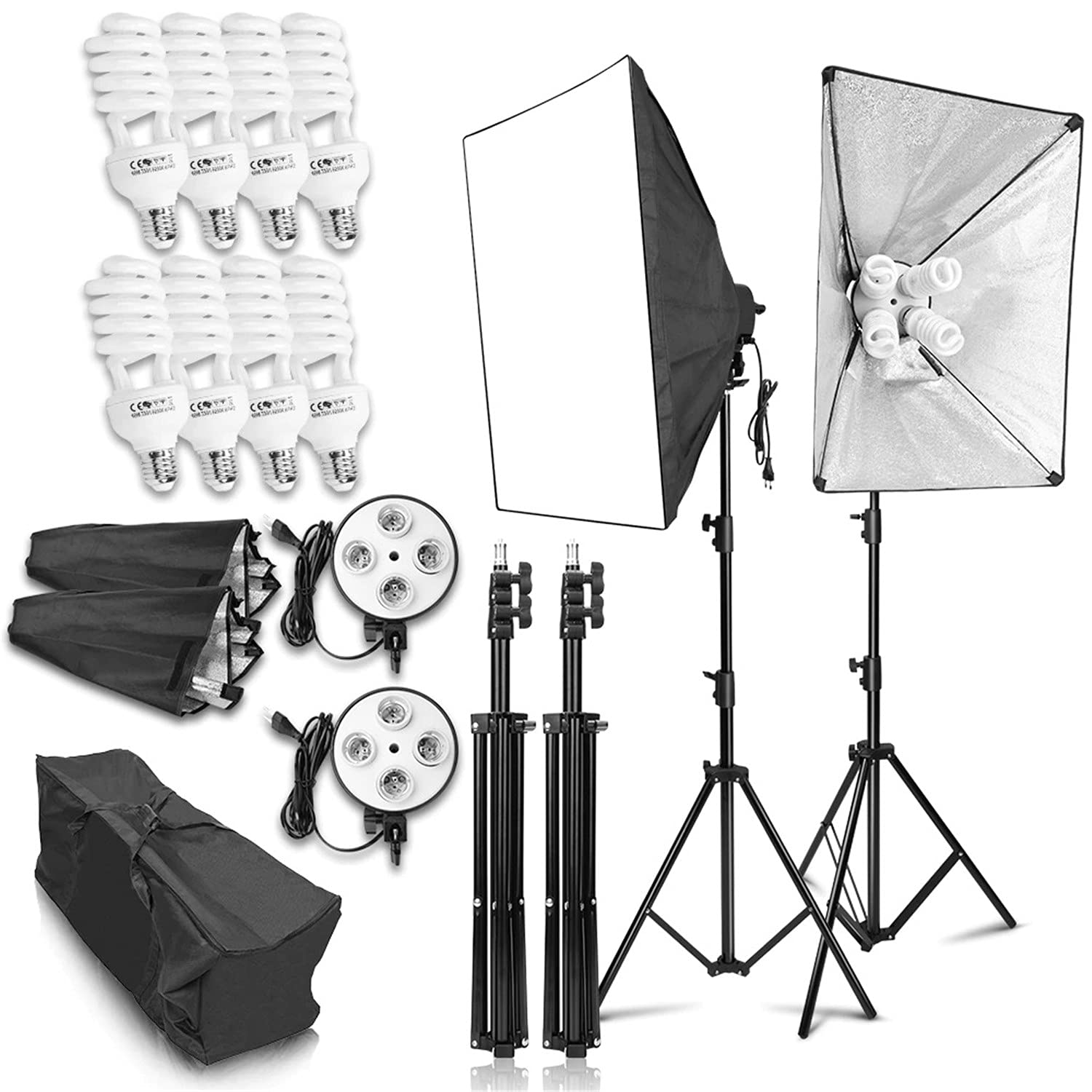 eWINNER Photo Studio Lighting Kit with 2pcs Softbox,2pcs 4in1 Bulb Socket,8pcs 150W Bulb,2pcs Light Stand,and Carrying Bag
