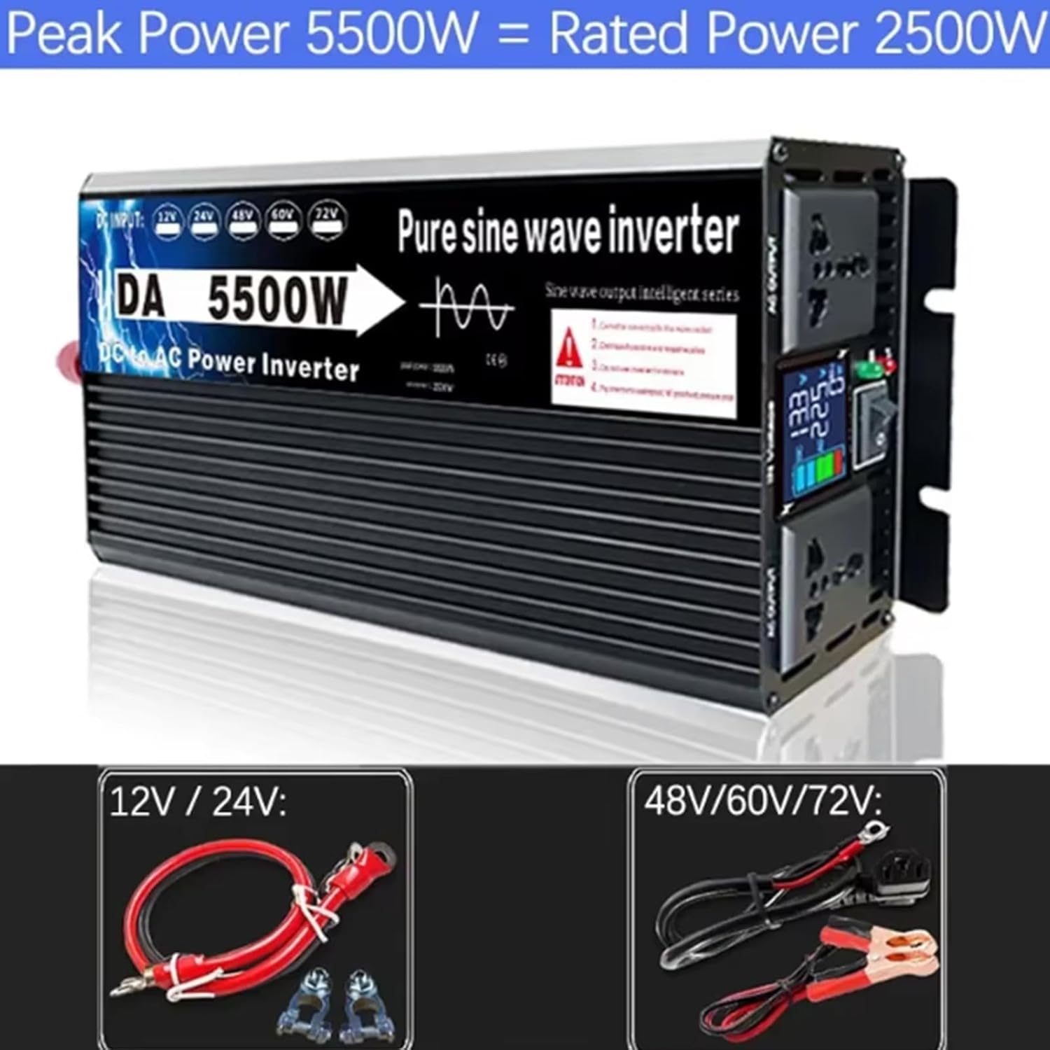 5500W Pure Sine Wave Power Inverter 12V 24V 48V 60V 72V Dc to Ac 110V 220V AC Converter, with 2 AC Outlets Split Phase Low Frequency Solar Inverter