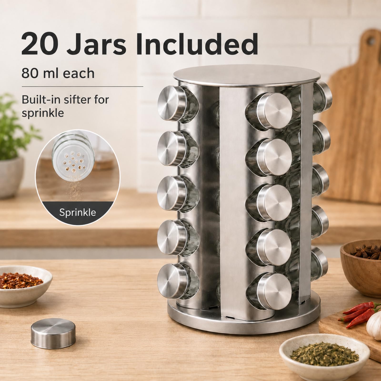 Gewürzregal drehbar, Edelstahl, mit Etiketten und Stift | Gewürzregal Stehend 5-stöckiges Design Spice Rack 360° Drehbar, mit 20 Gewürzdosen für die Küche