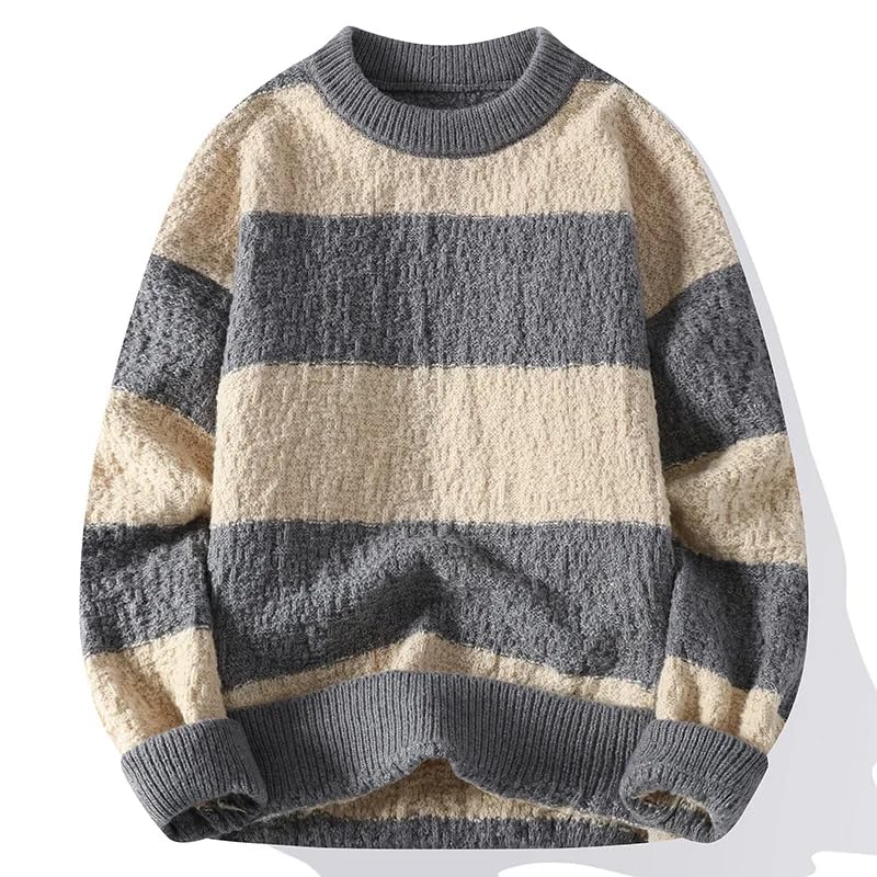 Men's Knitted Sweater Casual Round Neck Weaving Stripe Pullover Warm Sweater Tops3