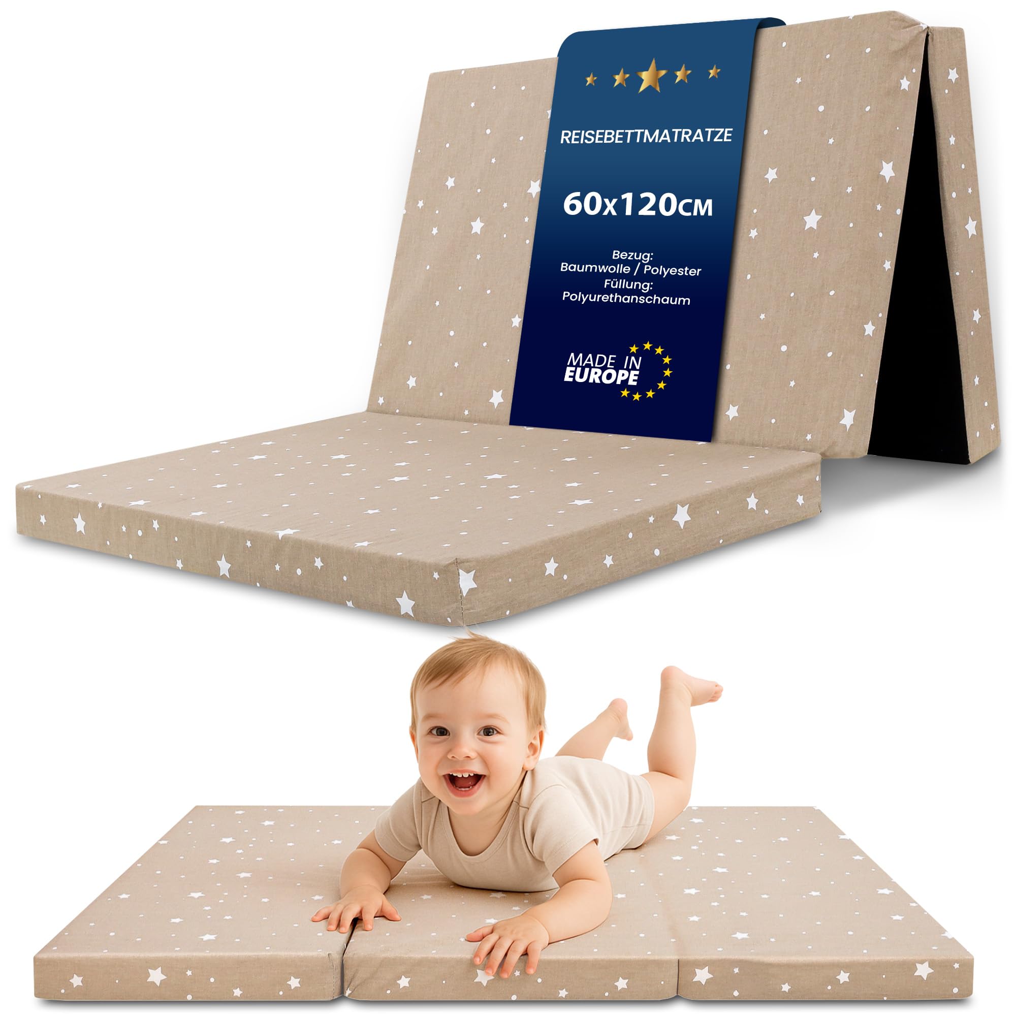 Colchón Cuna 60x120 cm plegable para cuna de viaje – Funda desenfundable lavable en lavadora a 30 grados & bolsa incluida – Colchón Bebé Infantil en espuma firme Beige con estrellas blancas