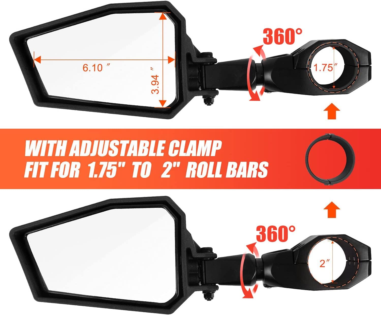 UTV Side View Mirrors 1.75"-2" roll bar cage Rear View Mirrors Compatible With Polaris RZR 800 900 1000 Ranger Yamaha Rhinos Honda Pioneer 1000 Talon 1000R Can-Am X3 Kawasaki Teryx mule