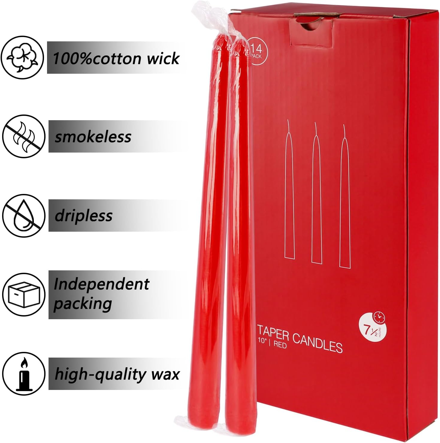 24 Pack Red Taper Candles, 7-8 Hours Burn Time, Unscented, Smokeless and Dripless, 0.75 x 10 Inch Dinner Candle Set for Christmas,Household, Wedding, Party and Home Décor Candlesticks - Image 6