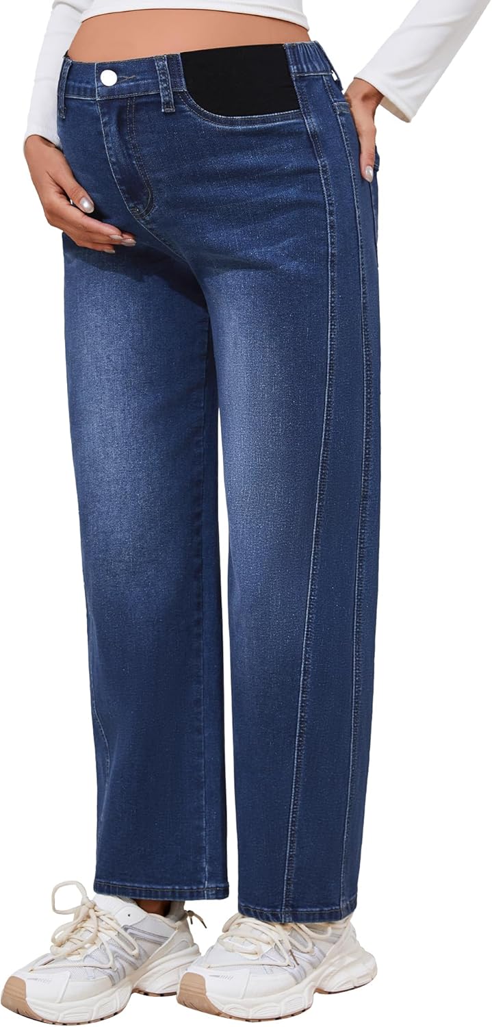 FABRACK Women's Maternity Barrel Jeans Elastic Waist Stretch Mid-Rise Jeans Side Panel Pregnancy Denim Pants