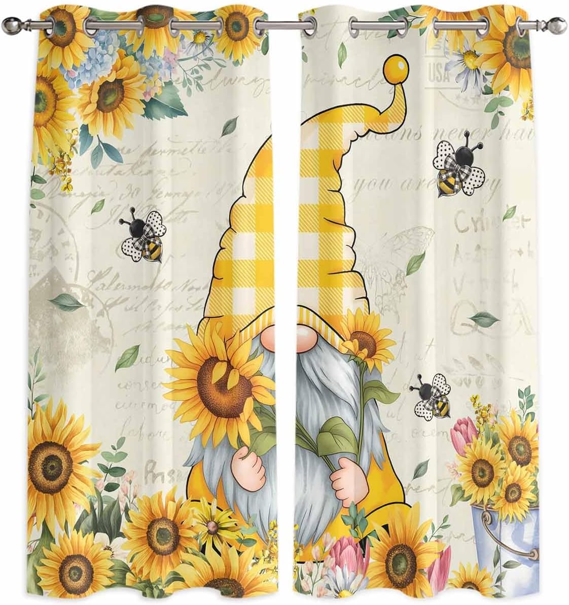 Sunflower Gnomes Window Curtains Panels with Silver Grommet,Yellow Floral Vintage Leaf Bee Kitchen Cafe Curtain Draperies Window Treatment Set for Living Room/Bedroom/Laundry Room/Bathroom/Cafe,84x84