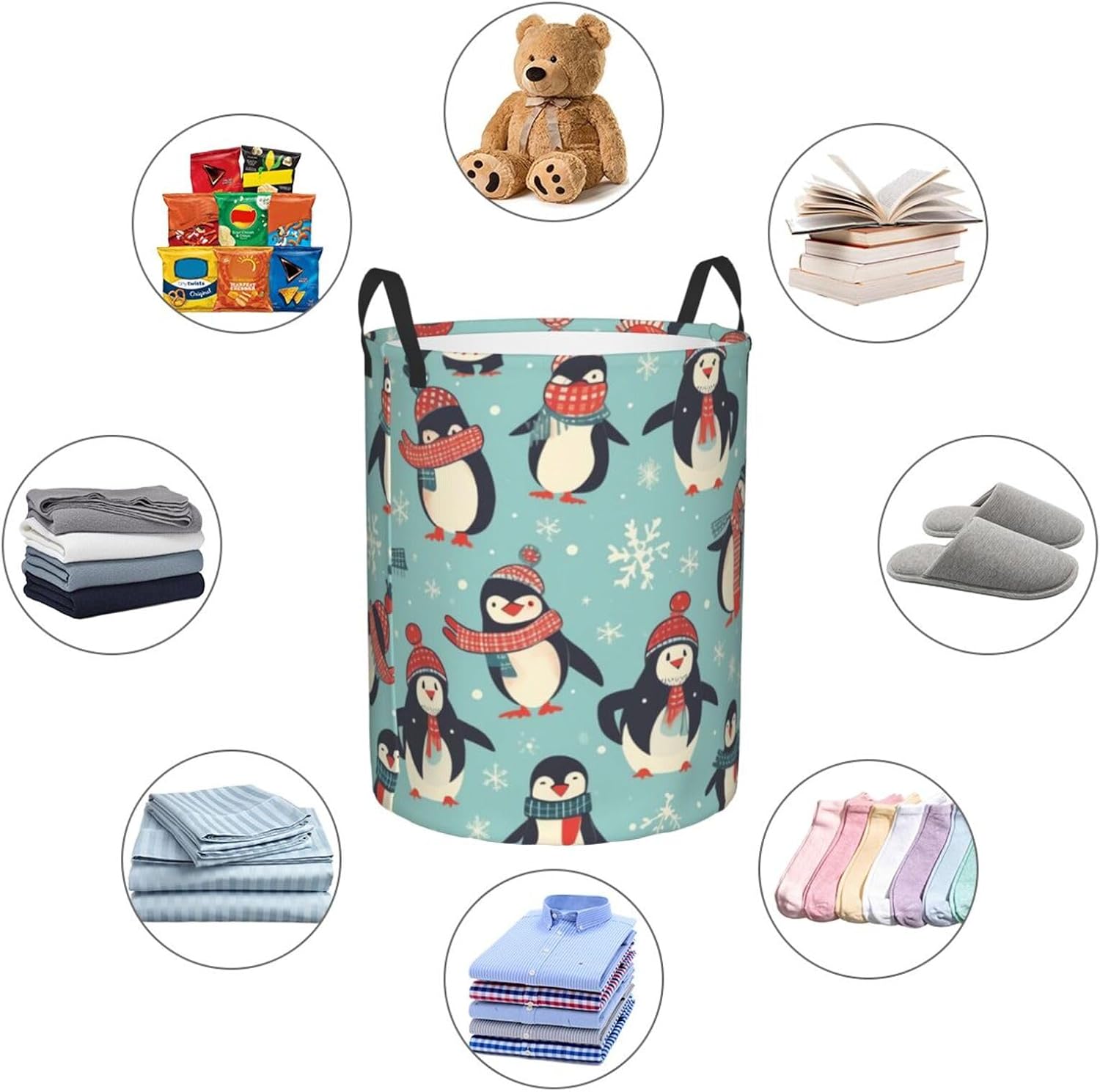 Winter Christmas Penguins Laundry Basket With Handles, Foldable Laundry Hamper Oxford Cloth Dirty Clothes Basket Waterproof Clothes Toys Storage Bin Organizer for Bedroom Bathroom Dorm