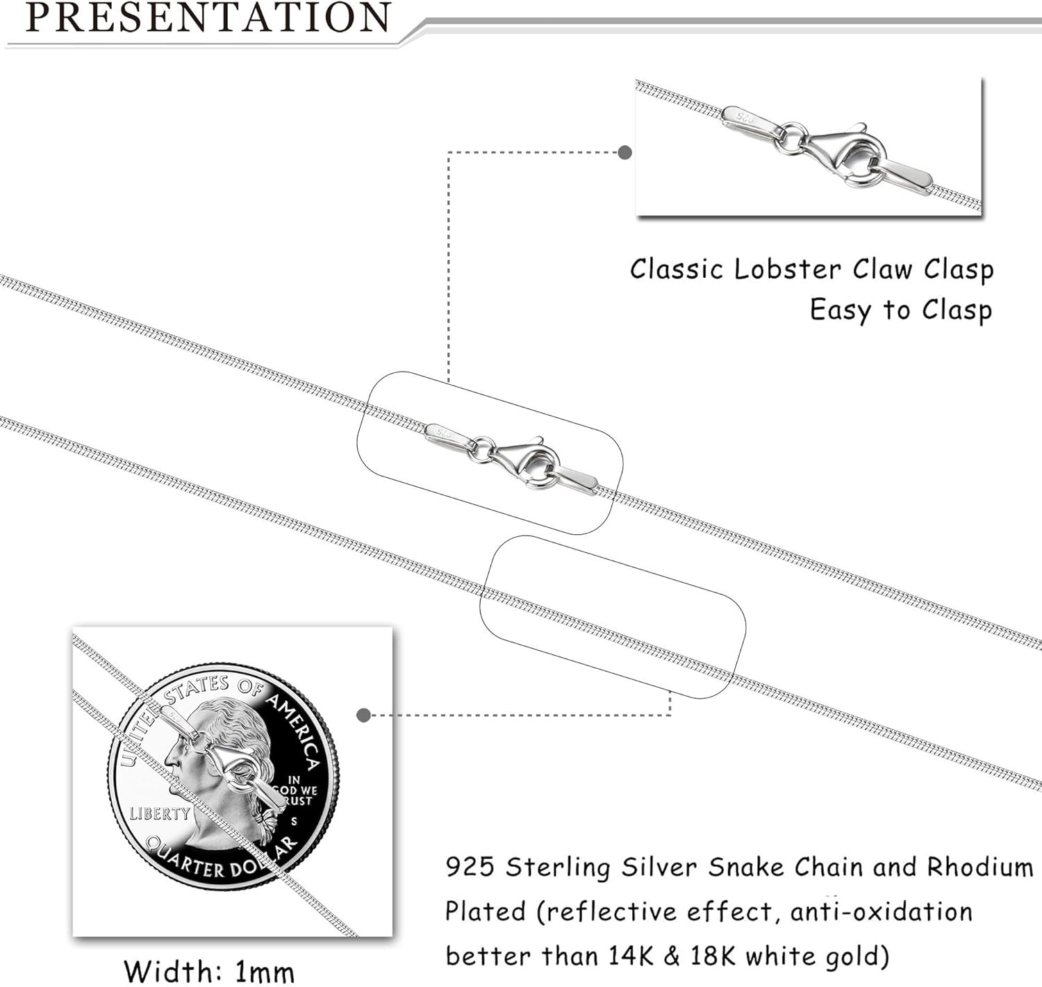 MILACOLATO 925 Sterling Silver Chain Necklace for Women Men 1MM Solid Round Snake Chain Necklace Rhodium Plated Durable Italian Silver Necklace Chain Jewelry - Lobster Clasp - 16"-24" - Image 2