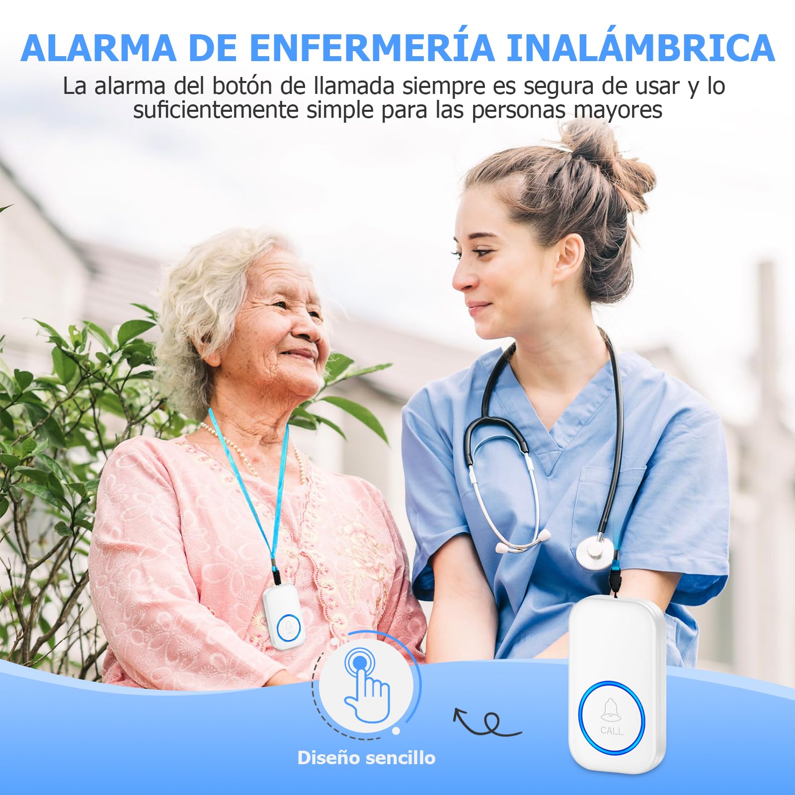 Timbre de Llamada de Emergencia para Ancianos con Vibración, Luz y Sonido (2 Emisores + 2 Receptores)