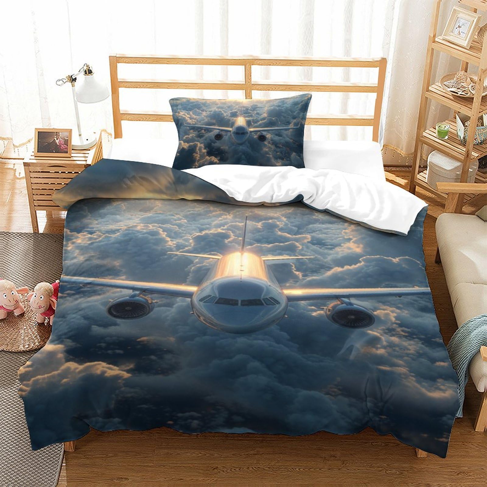 Housse de couette avion de passagers anti-plis en microfibre douce lavable en machine pour lit 1 place