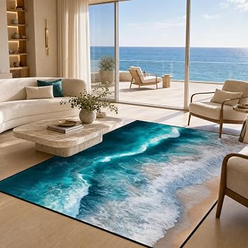 5x7 ft Blue Ocean Area Rug Beach Design Non Slip Floor Carpet