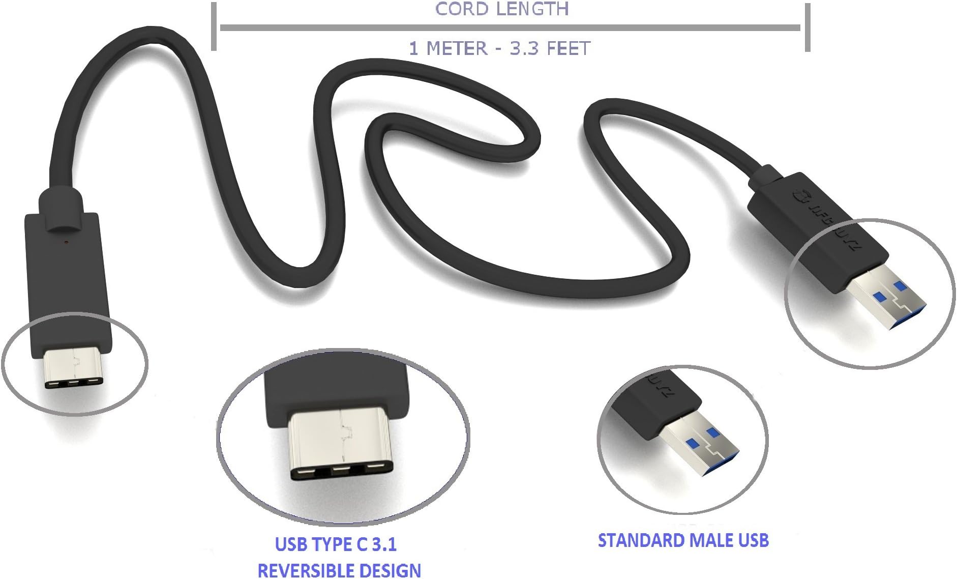 USB C 3.1 to USB Type A Charging & Data Cable for New MacBook & Chrome Pixel from NFCGuyz- 3.3ft Length - USB 3.1 Type C Highest Speed 10Gbps & 100W Power
