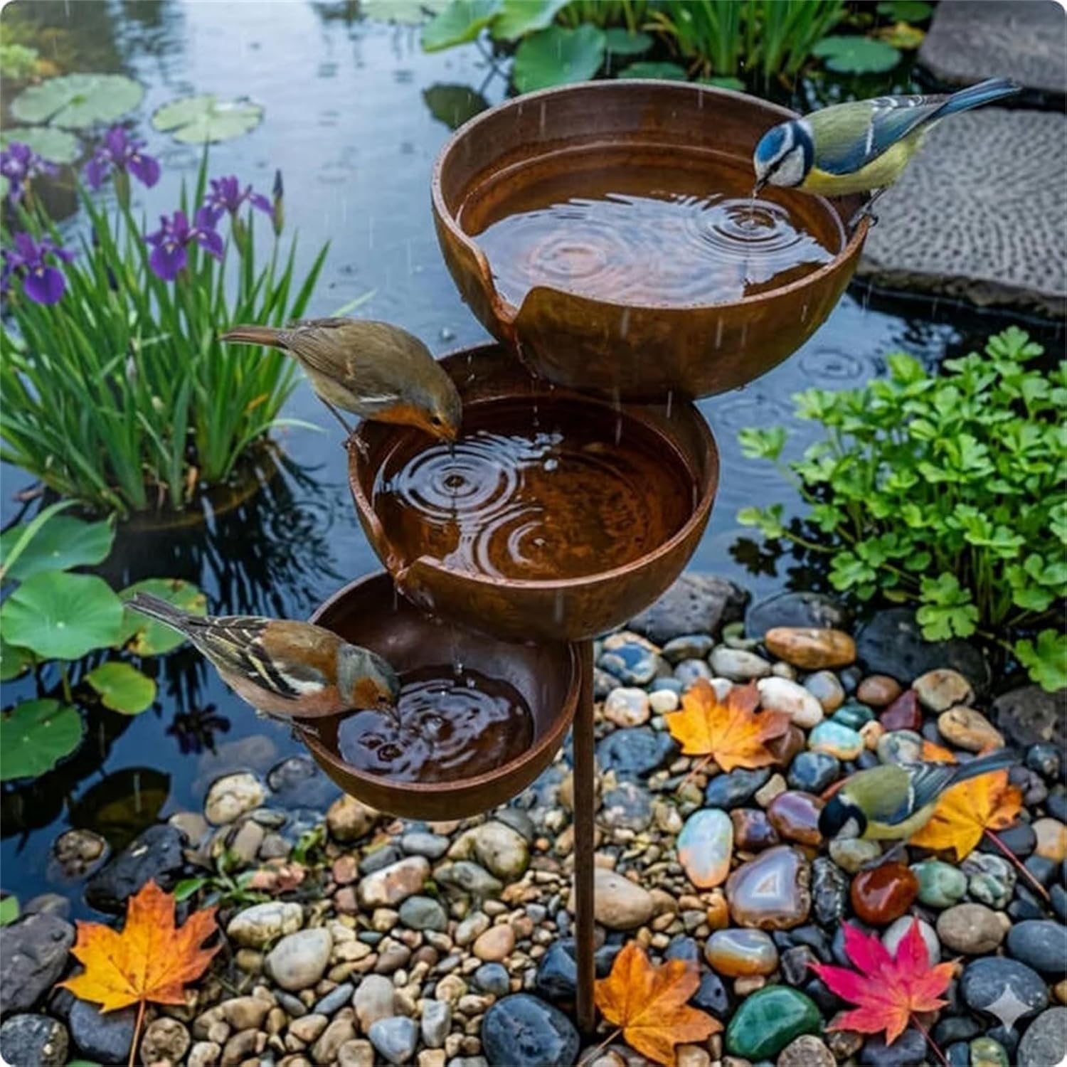 Bronze Rain Catchers For Garden, 3-Tier Cascading Bird Bath & Bee Watering Station, Water Fountain Bowls For Hummingbird, Metal Birds Feeder Water Bowl Stake For Garden Ornament