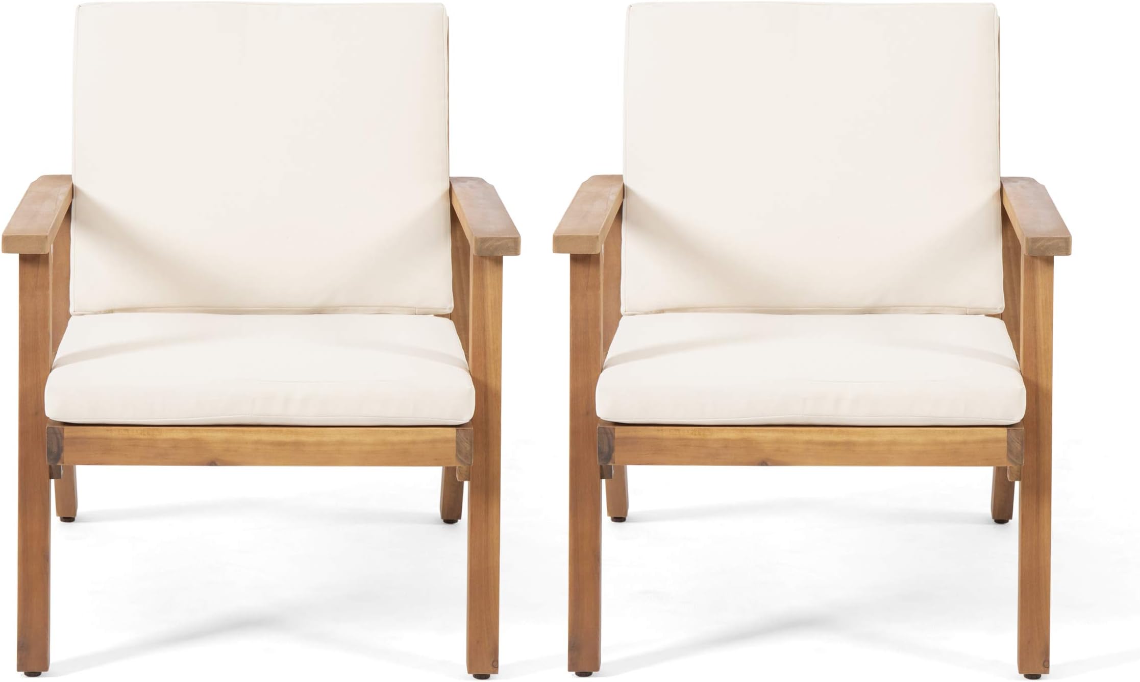Carlos Outdoor Acacia Wood Club Chairs with Cushions (Set of 2), Brown Patina Finish, Cream