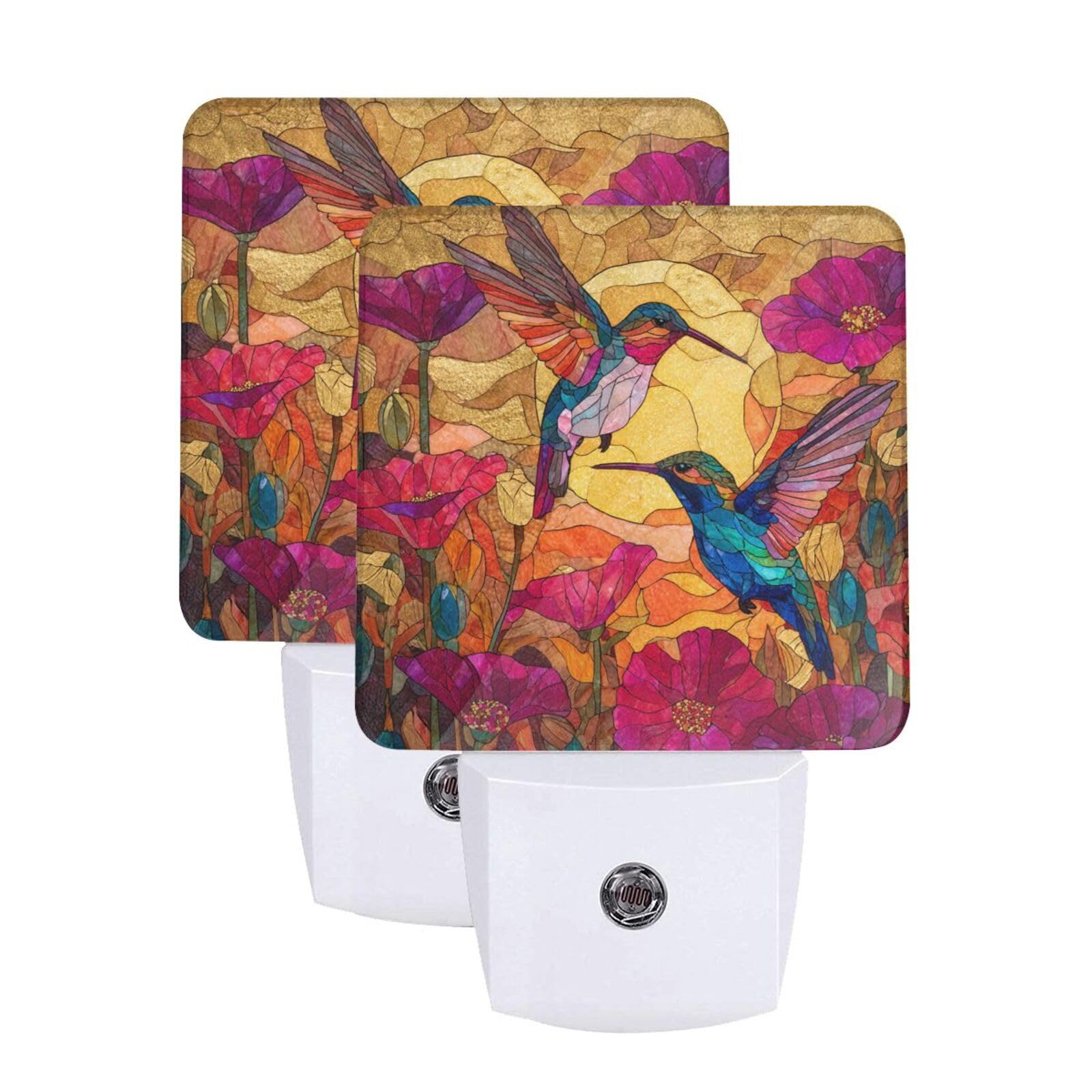 Colorful Hummingbirds Night Light Set of 2, Stained Glass Auto Sensor LED Dusk-to-Dawn Nightlights, Plug-in Sensor Lamp for Bedroom Bathroom Kitchen Hallway Stairs Decorative