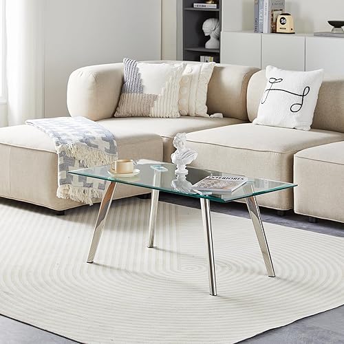 Miniatura 7 de TUKAILAi Mesa de centro moderna de vidrio templado, mesa de té rectangular de vidrio con patas de acero inoxidable, mesa central de estilo