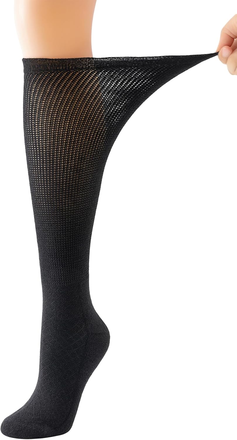 Yomandamor 4 Pairs Womens Diabetic Bamboo Rayon Knee-Hi Seamless Socks Black Long Lace Non-binding Sock,9-11 - Image 5