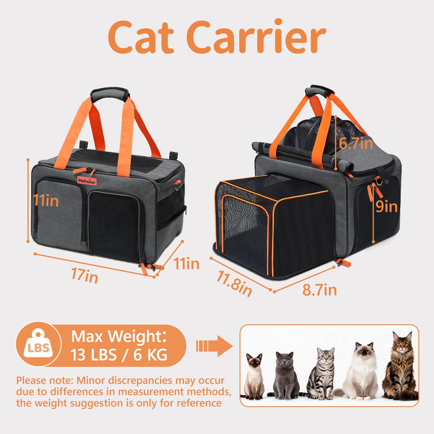 Meowker Cat Pet Carrier Soft Sided Bag Airline Approved, Foldable Travel Large Carrier for Small Kittens Medium Cats Up to 13 Lbs, Expandable Carrying Case for Car, Comfortable for Transport - image 3