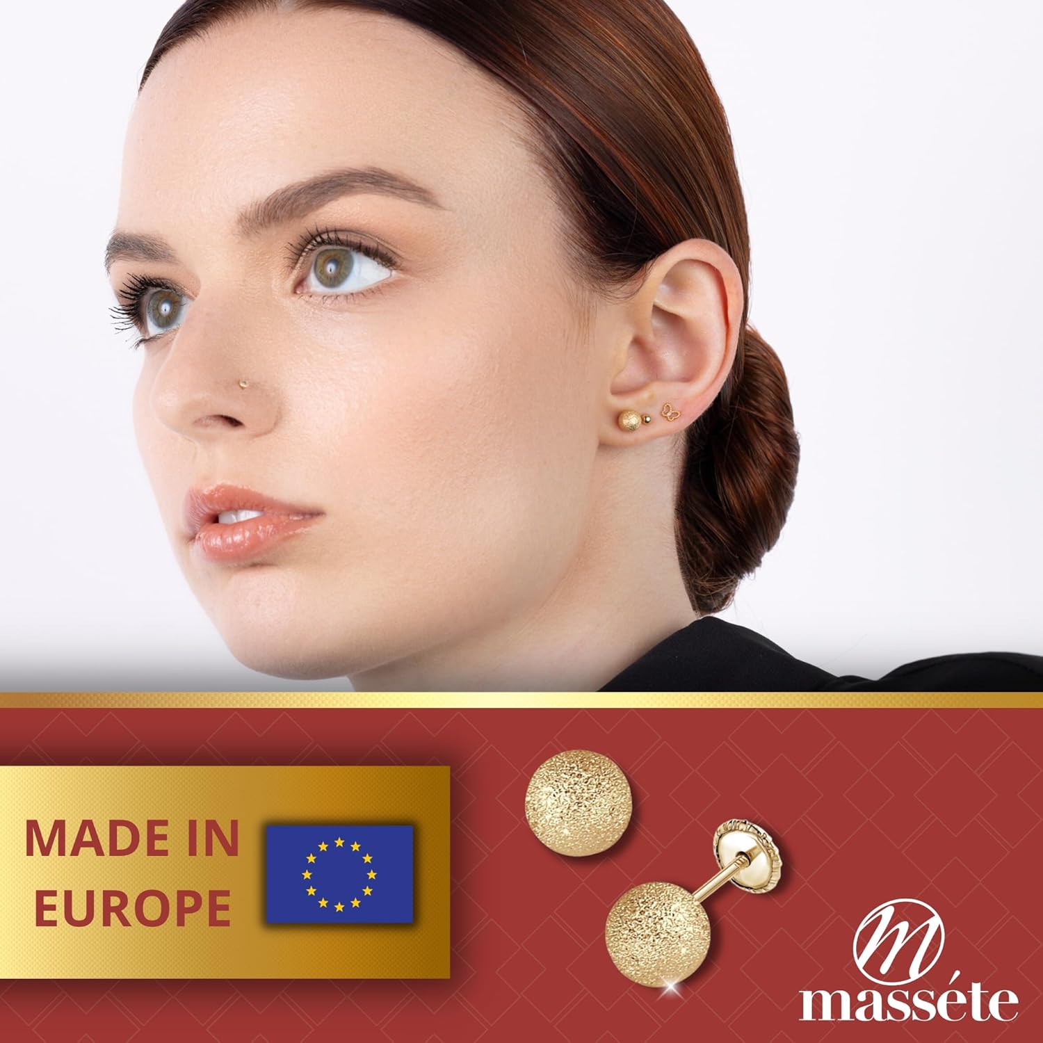 MASSETE 14k Gold Ball Stud Earrings Stardust Sparkle Effect Diamond Cut 6mm | Screwback | Nickel Free