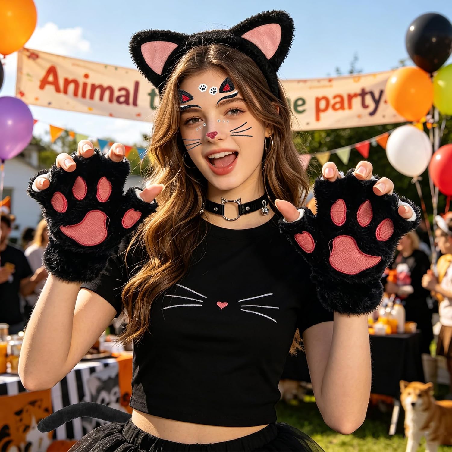 Hikkcos Halloween Black Cat Costumes, Cat Ears Headband and Tail Kitty Outfit for Animals Party Women Adults Costume Accessories