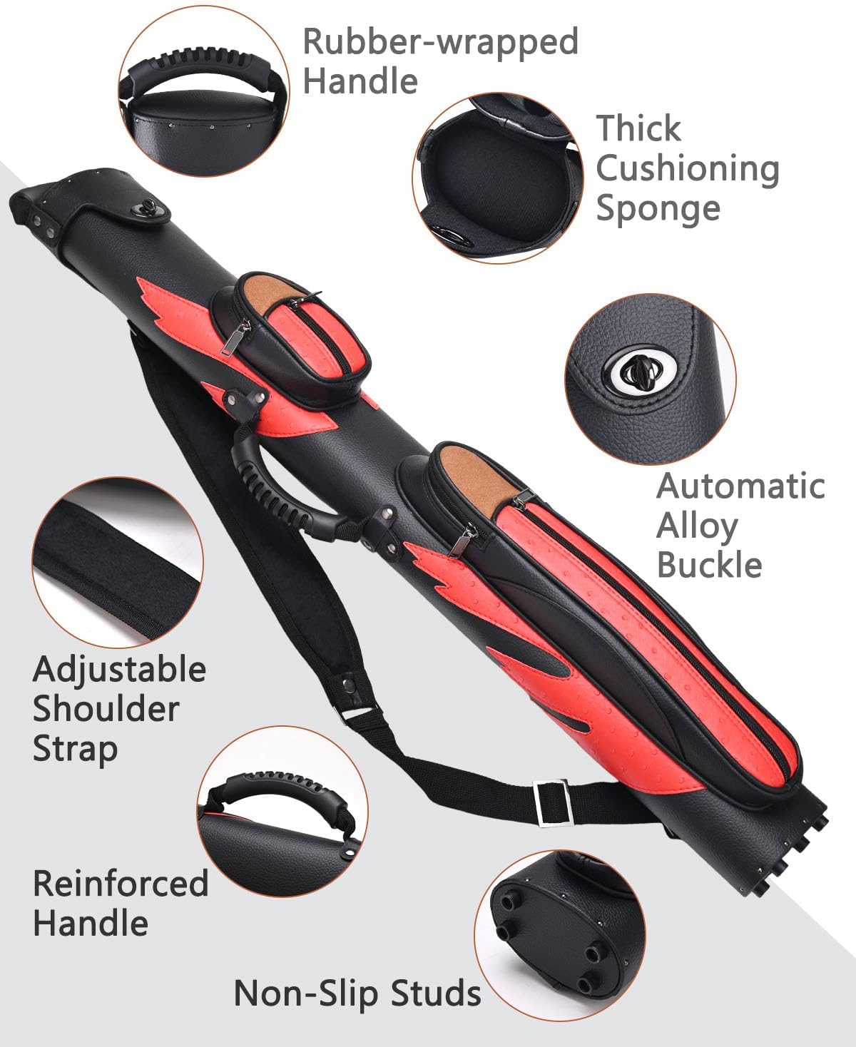 Pool Cue Case 2x2 Hard Pool Stick Case Premium 2B2S Billiard Pool Cue Stick Carrying Case with Spring Loaded 2 Pockets and Adjustable Shoulder Strap Holds 2 Butts 2 Shafts