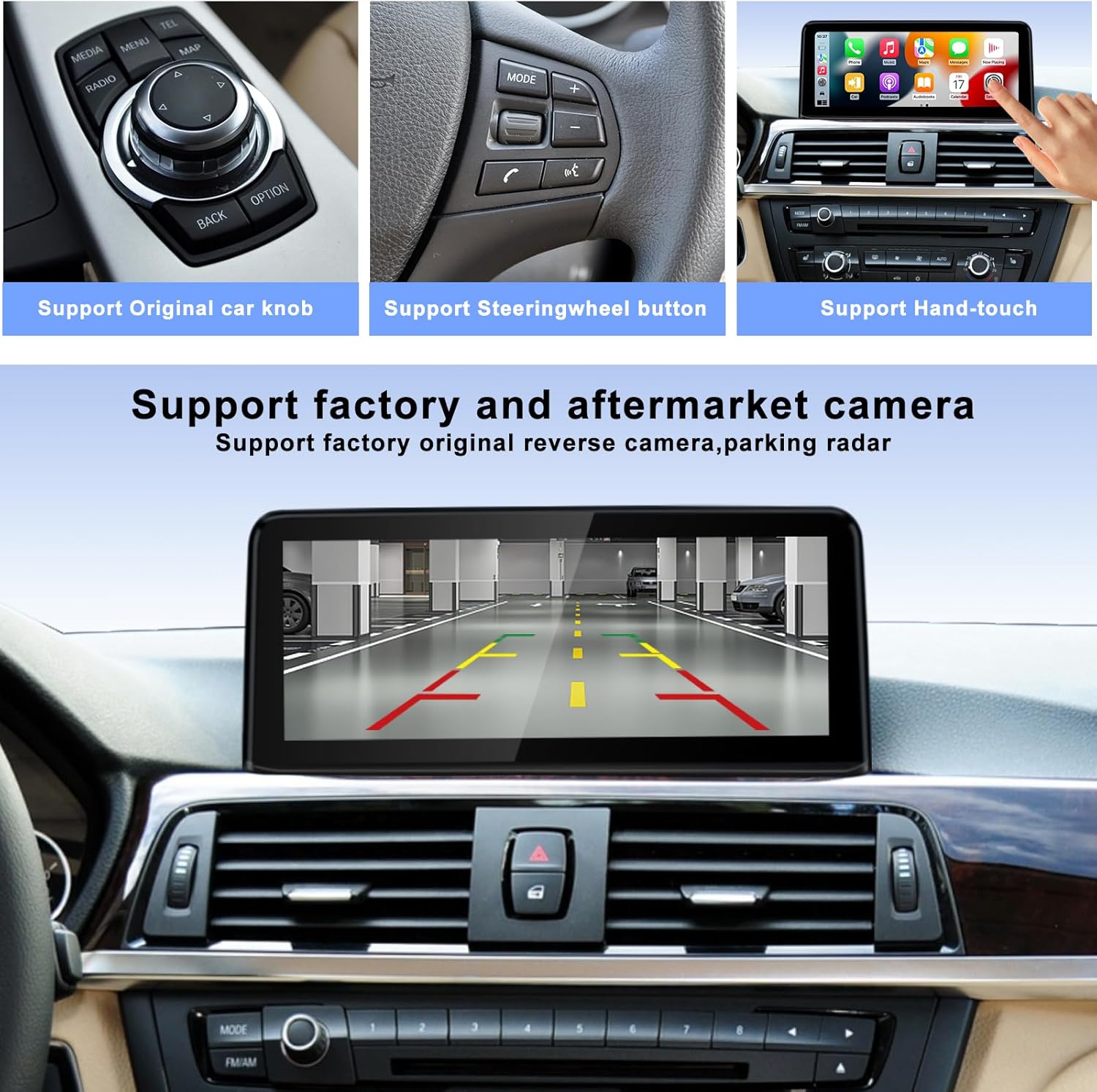 Three close-up images showing control methods: the original car iDrive knob, steering wheel buttons, and direct hand-touch on the new screen. Below, the screen displays a reverse camera view with parking lines.