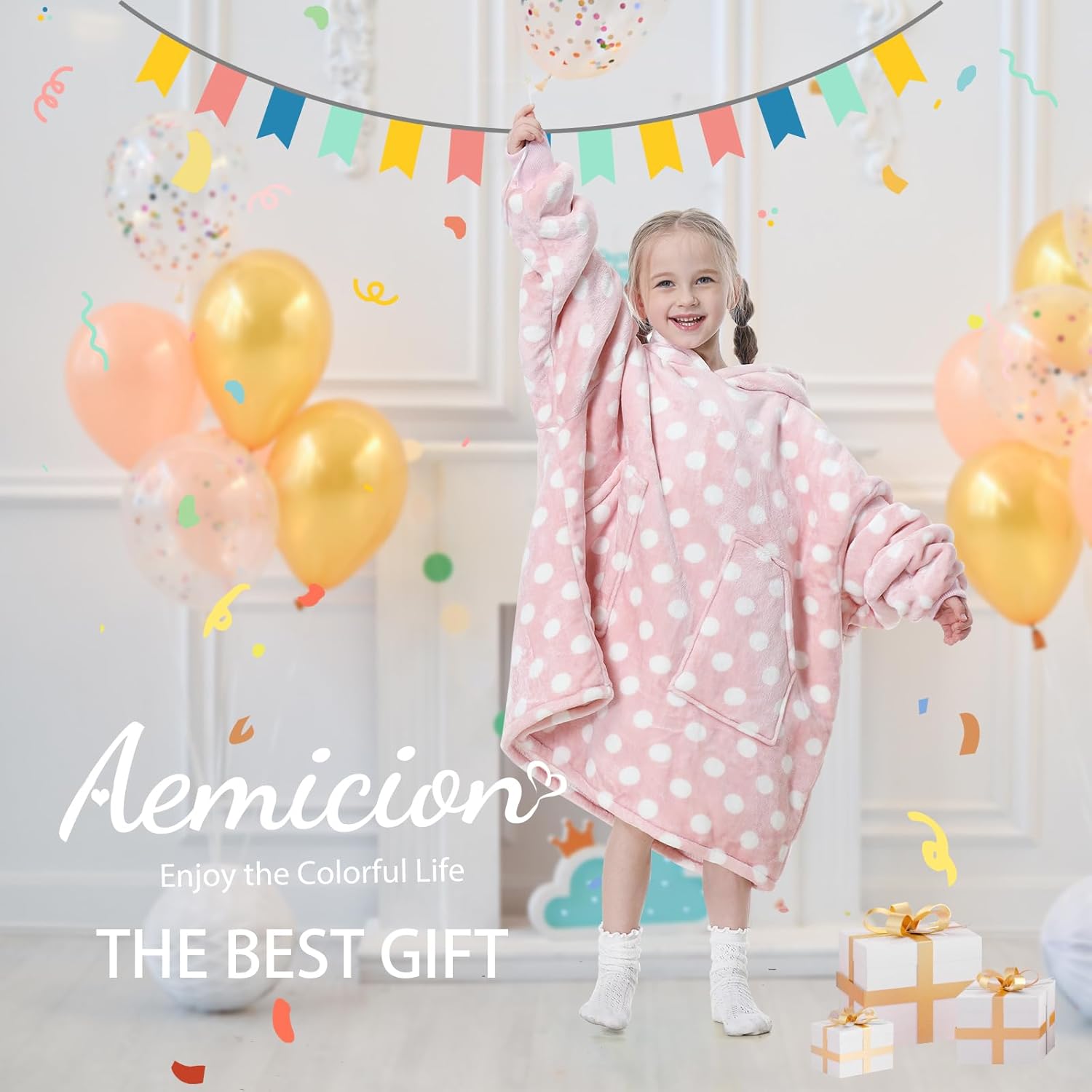 Aemicion Pink Polka Dot Wearable Blanket Hoodie for Girls 6-12, Kids Oversized Hooded Blanket with Sleeves, Soft Fleece & Sherpa Lounge Wear, Cute Birthday Christmas Gifts for Girls
