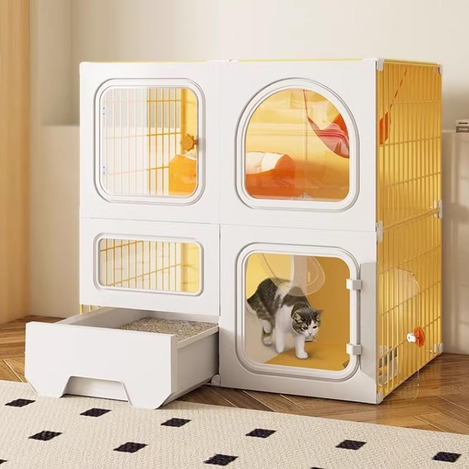 TRUNXUCL Cat Cages Indoor Large Cat Kennel with Cat Litter Box, Pet Playpen Diy Kennels Pet Playpen Crate Large Exercise Place, Collapsible Cat House for 1-3 Cat (Color : Yellow, Size : 70x35x70cm/2